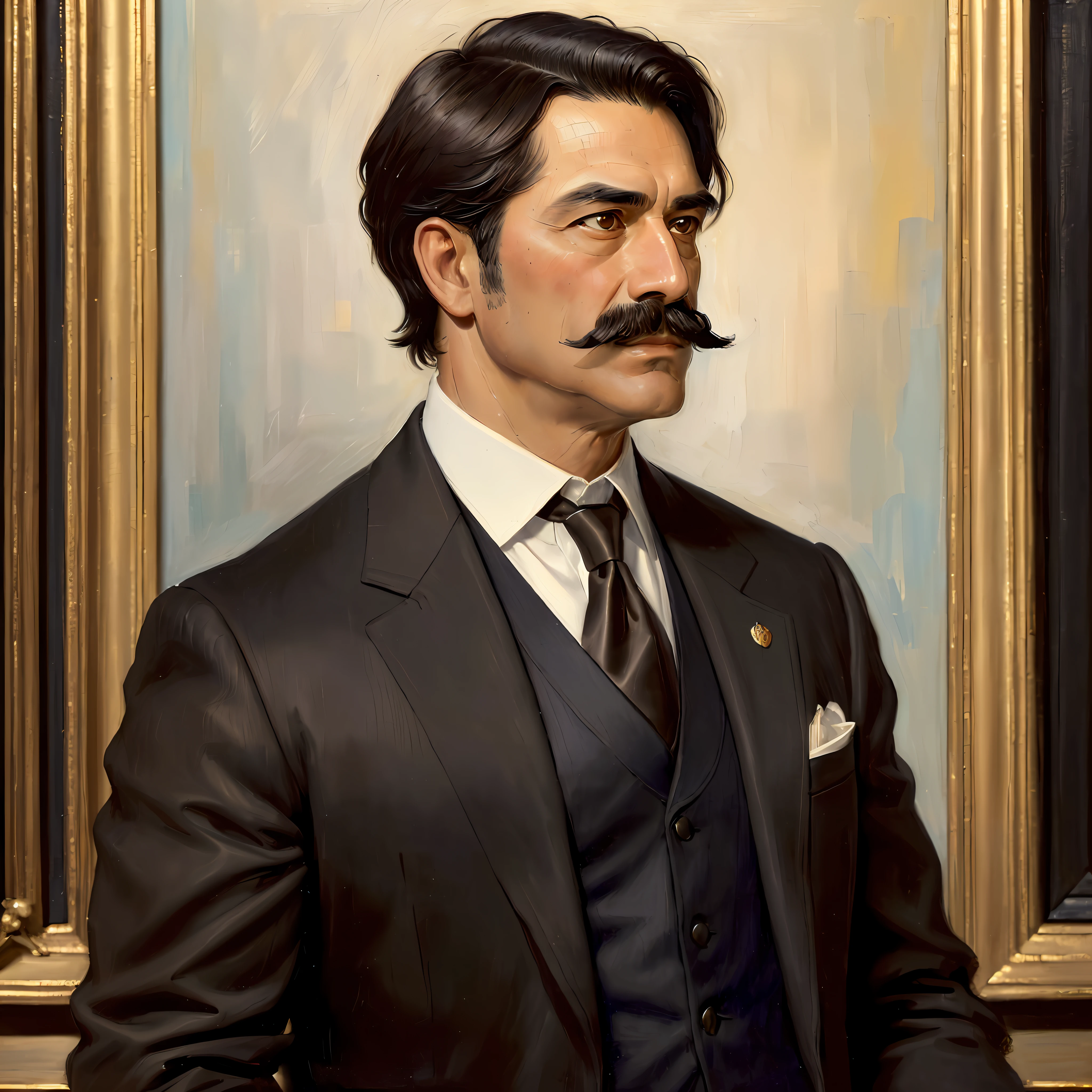 (masterpiece, top quality, ultra detail, best shadow), (detailed background, portrait, side view, medieval portrait, oil painting style, oil painting, viewer view, Renaissance painting, expressionless), one, (handsome detailed face, masculine features, mature face, strong jawline), (best lighting), ((cinematic light)), solo, alone, 50-year-old man, hyper detail, dramatic light, intricate detail, (mustache, brown eyes, short black hair, royal, emperor), black_jacket, black_necktie, black_suit,