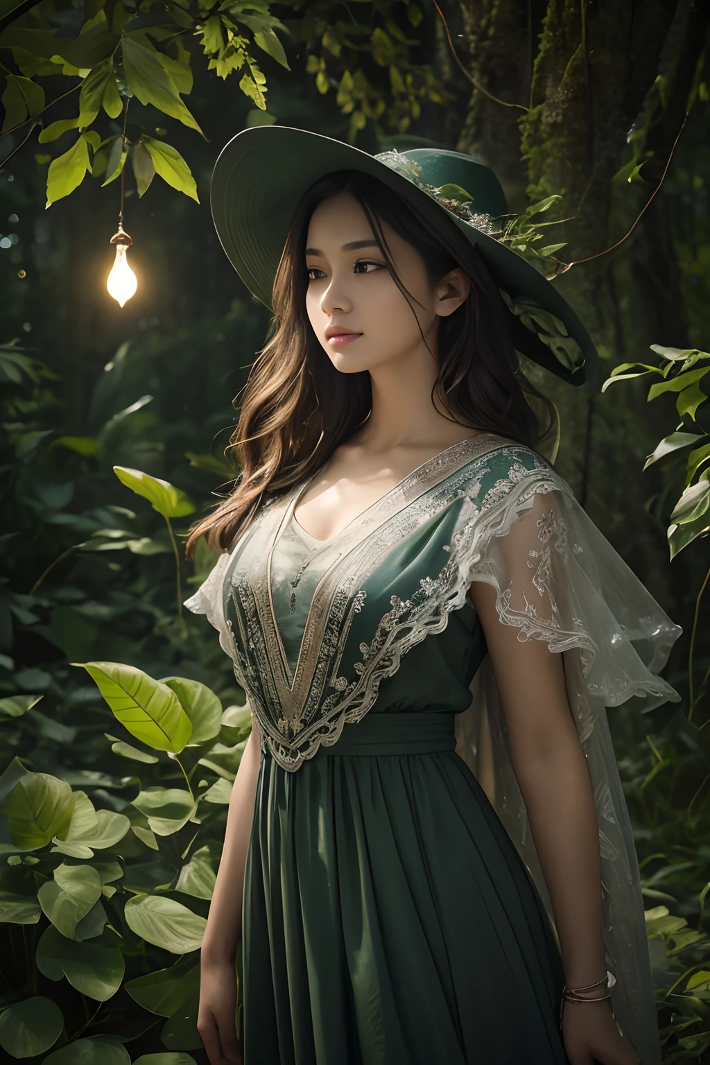 Best of Natural Beauty, Wilderness masterpiece, Ultra-high resolution, like the smallest dew on the leaves, (Photorealistic: 1.4), Snapshot of the pristine night sky, Ebony locks, resembling crow's wings, skin as shiny as fresh morning dew, 1 Enchanted nymph, (Superbly realistic features)), The form of full bloom, Universal Radiance, Harmony of light and shadow, Canopy rendering, 8K, Super sharp like a rose thorn, Manifested bosom like a blooming flower, Untreated earthy texture, Organic elements, Elaborate leaf pattern, Nature's intricate design, Sunlight painted by the hand of Mother Nature, Trends in natural art, gazing off into the horizon, bioluminescent details, Organic limbs that blend seamlessly with the forest, River of Life through the vines, The backbone of nature connected to ancient trees, lush attachment of the cervical to the trunk,, Vines and roots intertwined with the spirit, Small firefly lanterns illuminating the way, Silver thread in moonlight, Eyes as round and deep as a forest pool, Magnificent iris resembling a kaleidoscope of colors, Happy smiles illuminating the forest, Summer outfit woven from petals, Wizard of the Forest, The tree々A dynamic presence like the wind that passes between.