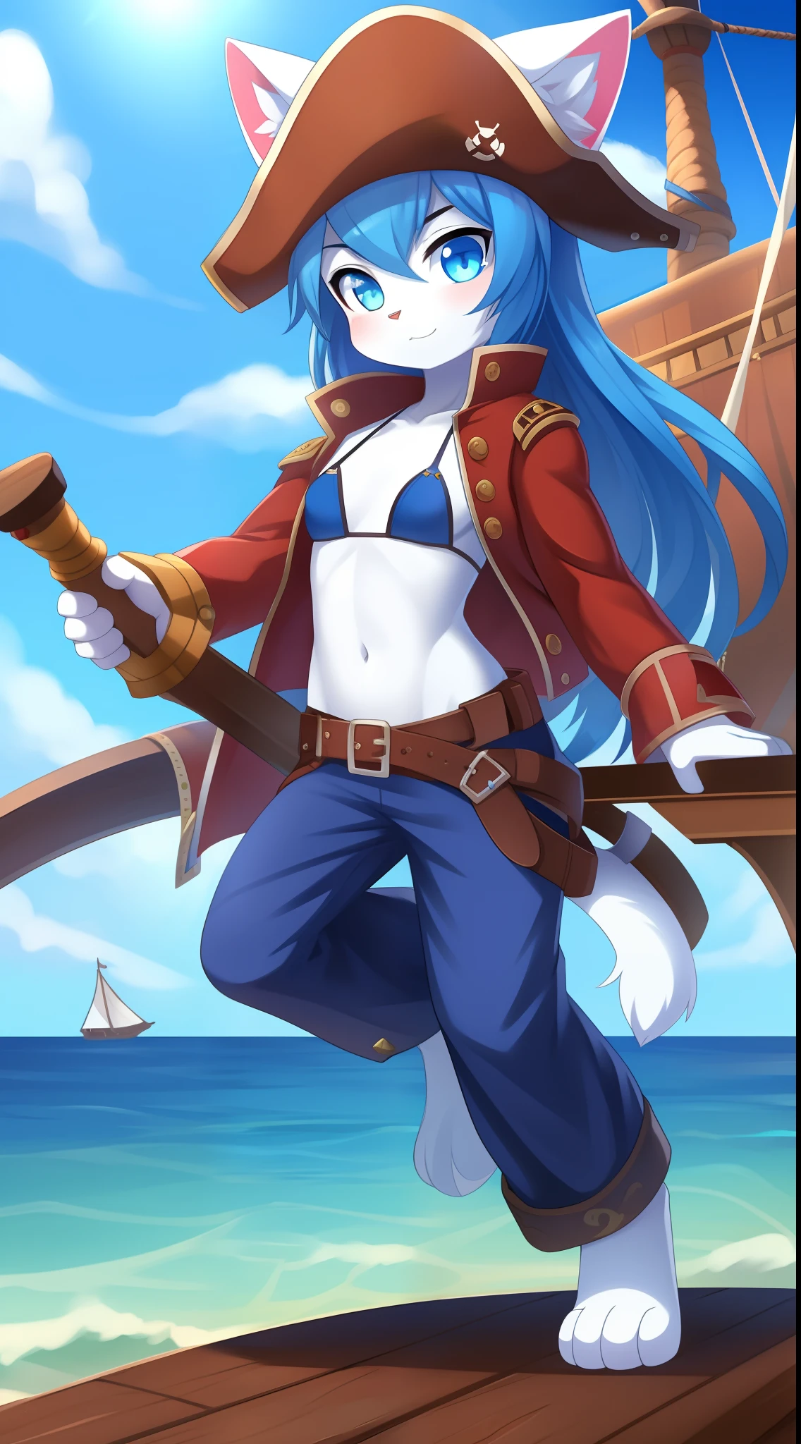 Furry girl, young, cat, blue hair, long hair, blue eyes, small breasts, detailed body fur, red pirate jacket, open clothes, blue bikini, pirate pants, pirate hat, masterpiece, looking at you, white body fur, detailed face, big eyebrows, detailed eyes, detailed body, no muscle, sea, clear Sky, pirate ship, detailed hands, glistering body, skinny, cybernetic body lines, cybernetic body, Neon Eyes, paws whit three toes, full body, cyborg body, pirate stance, holding a pirate sword, :3,