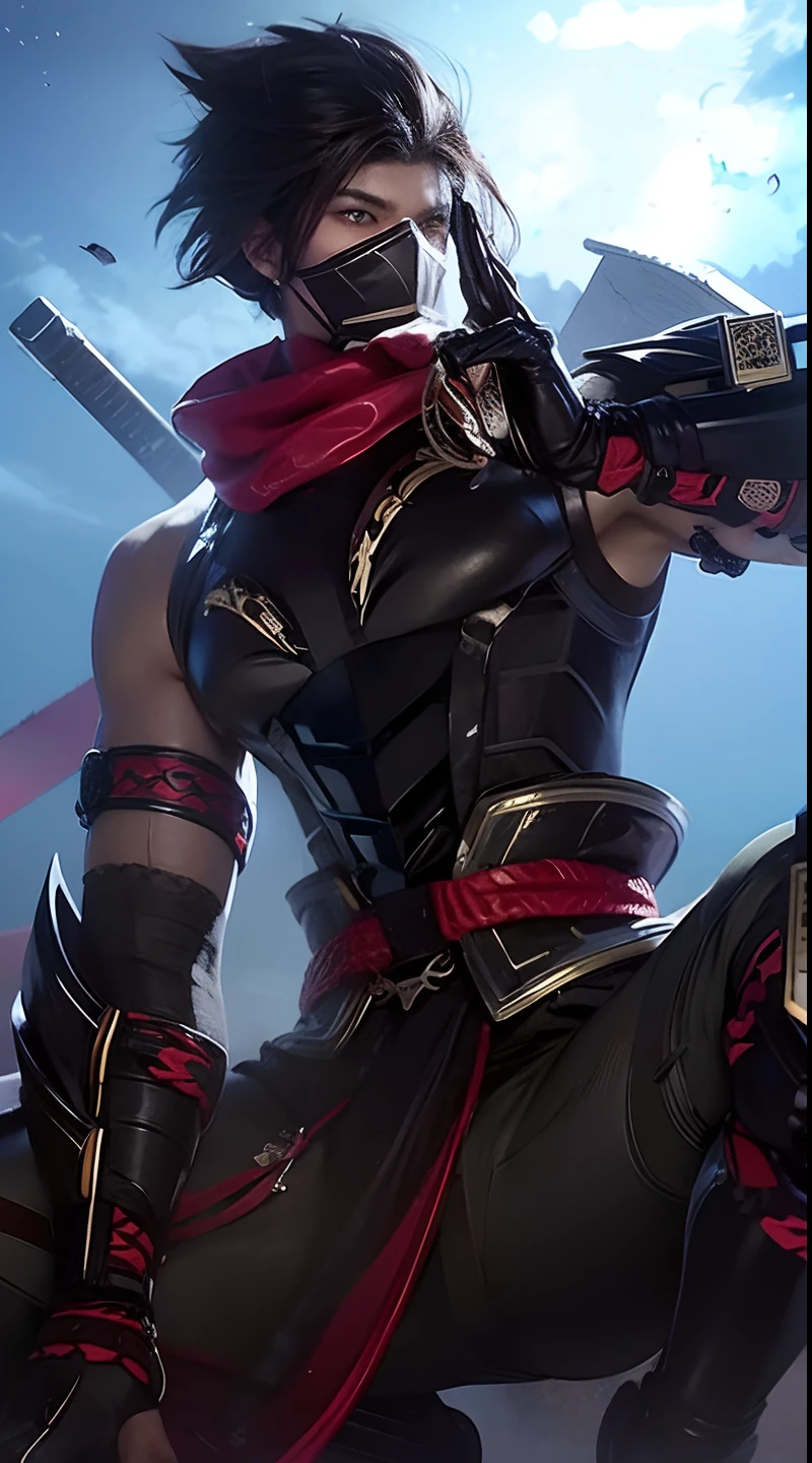 asian man, ninja, black hair, with mouth mask