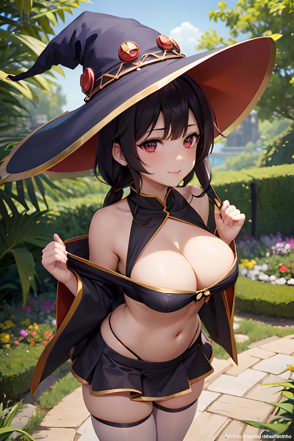 arafed woman in a witch costume posing for a picture, medium size breast, half invoker half megumin, pulling skirt up, showing panty, patreon content, in the garden, daopao, l · Lawliet, not cropped, she is wearing a hat, perfect body face and hands, her belly button is exposed, live - action, instagram, 1 0 / 1 0, colossal