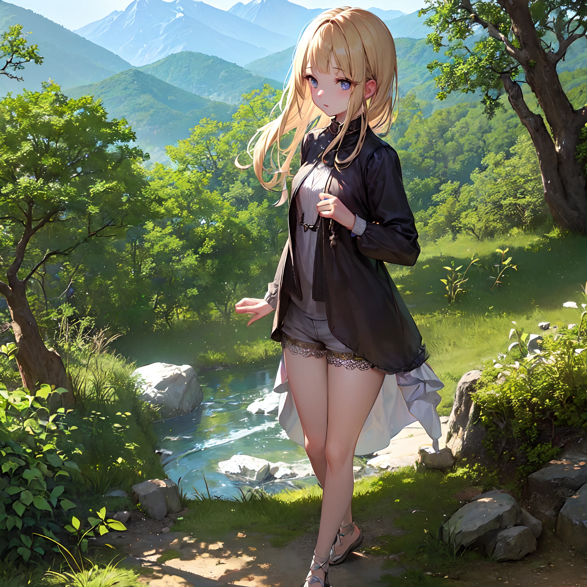 1girl, blonde hair, straight hair, on the mountain, Beautiful view, Ultra Detailed, Ultra-Detailed CG, Summer Clothing, Sunlight, Standing, small breasts, pale skin, Shorts, detailed background