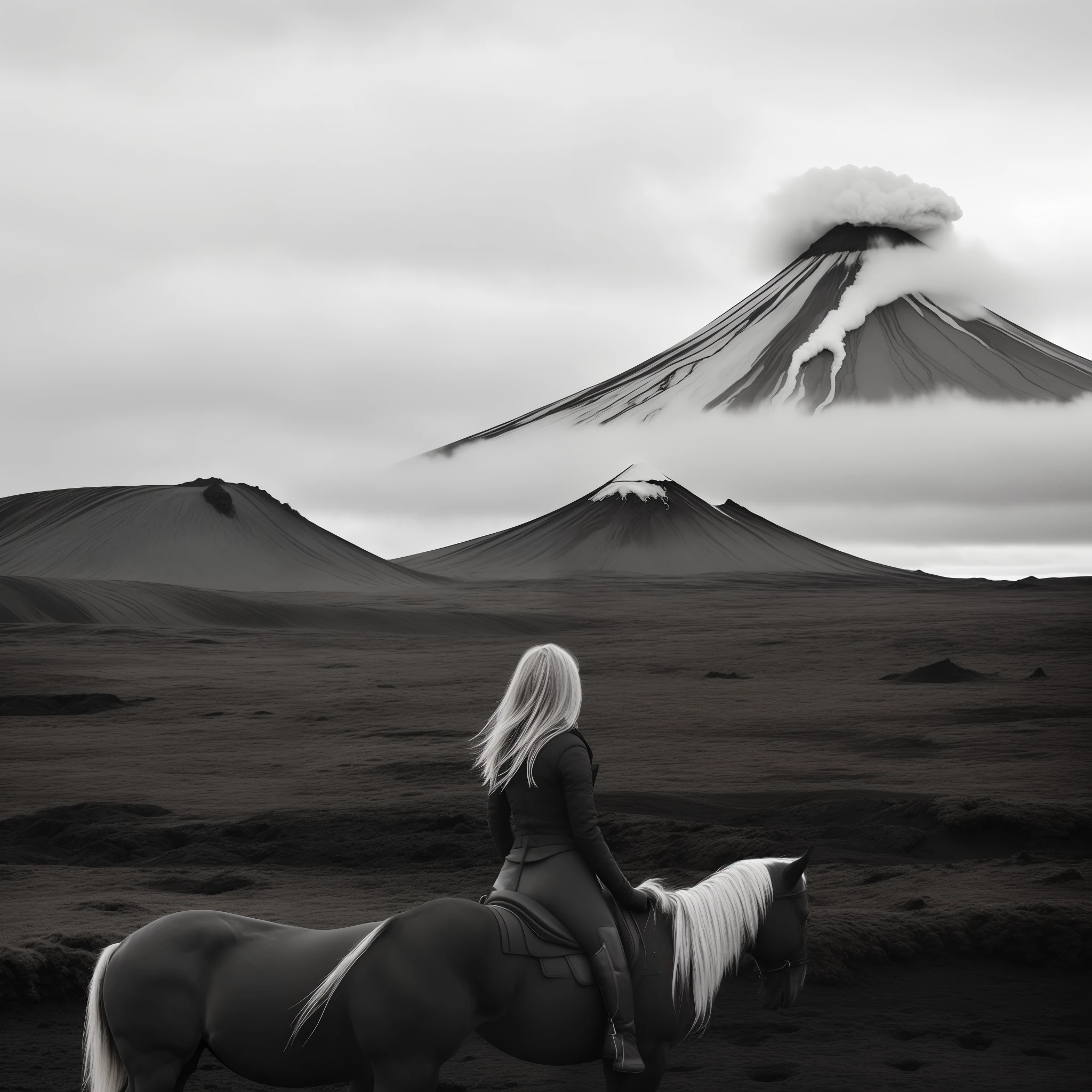 There was a woman standing in the field with a horse, in volcano, iceland photography, Louisa Matthiasdotil, iceland, in volcano, In the volcano, standing close to volcano, aenami alena, Tumblr, inspired by Louisa Matthíasdóttir, author：Lucia Pecca, lost in a dreamy fairy landscape