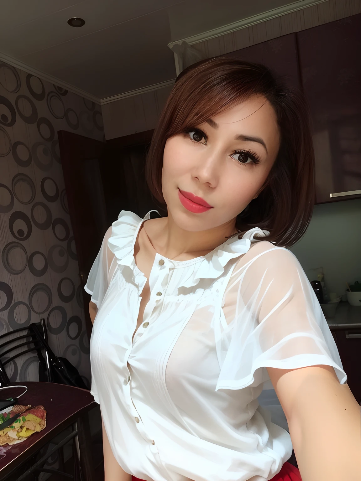 A girl, She is wearing a red dress with a neckline