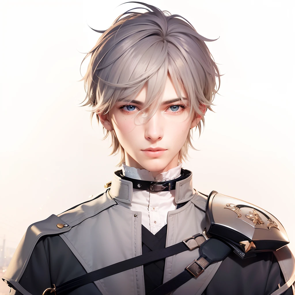 masculine male, masterpiece, ((perfect eyes)) best quality, (semirealism:1.9), beautiful lighting, (extremely detailed CG unity 4k fhd wallpaper), High Detail, Sharp focus, dramatic outdoors, 1 boy ,19 years old, white hair, light purpel eyes, smile.
