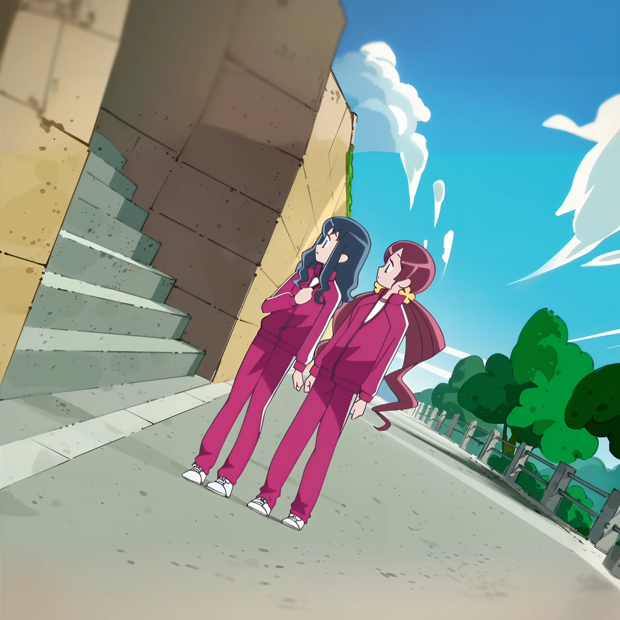 A few clouds in blue sky, a road, a block wall, stairs