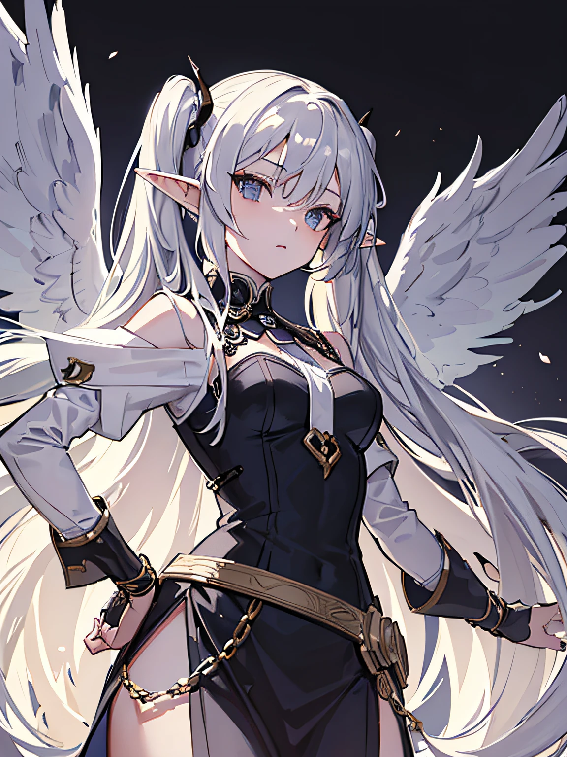 masterpiece, acura, 1girl, solo, beautiful dress, long white hair, twintails, elf ears, vampire wings, iron chains background, line drawing, looking at viewer, grey eyes, photogenic pose ((sketch))