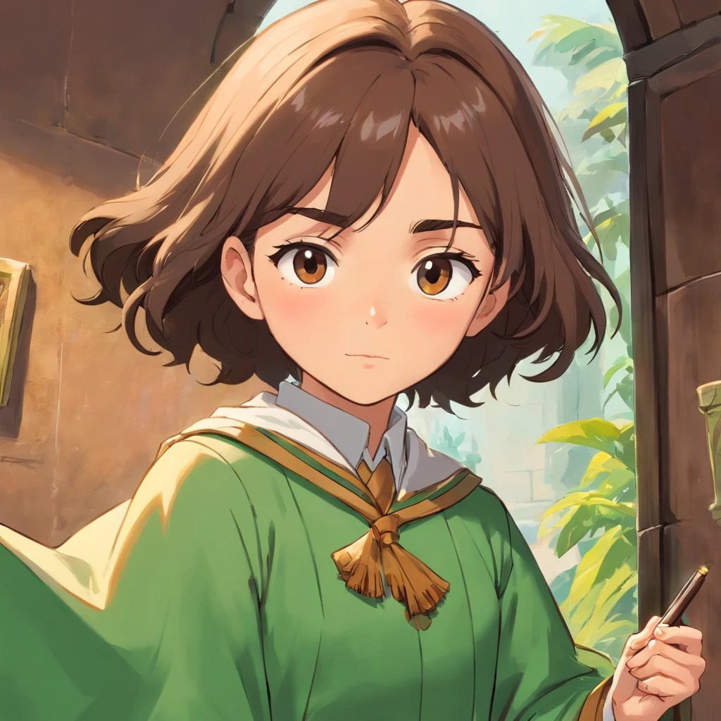 Conan el detective, infant, adolecente, joven. 15 years. Su cabello, de un verde esmeralda brillante, claro y sedoso, is combed back with a slight strand falling over his forehead. Sus ojos, de un tono avellana profundo, They are framed by thin, well-defined eyebrows, that pucker slightly when concentrated on one case. Lentes redondos. He has a straight nose and thin lips that often curve into a small smile of satisfaction when he solves a riddle.. Su rostro es juvenil pero firme, showing fierce determination in every expression. Has a pale complexion, que contrasta con el verde intenso de su cabello. Una cicatriz apenas visible atraviesa su mejilla derecha, un recordatorio de un encuentro anterior con el peligro. Sus orejas son ligeramente puntiagudas, un rasgo distintivo que indica una ascendencia especial. Wear an elegant brown checkered cape, que cae elegantemente sobre sus hombros, con detalles dorados en los bordes que le otorgan un toque de elegancia. Debajo de la capa, lleva una camisa blanca impecable y un chaleco ????? ajustado que resalta su esbelta figura. Sus pantalones, del mismo tono verde oscuro que su cabello, They are stylish and practical to facilitate your mobility while researching. On your left wrist, lleva un reloj de bolsillo antiguo, un regalo de su mentor que guarda con gran aprecio. His hands are slender and agile, able to thoroughly examine each track accurately. Siempre lleva consigo una lupa de cristal, that he holds gracefully when he peruses the smallest details. Este joven detective, con su mirada aguda y su estilo distintivo, se destaca no solo por su inteligencia excepcional, but also for his elegance and unwavering dedication to solving the most complex mysteries.. Their presence in any scene is synonymous with resolution and justice.