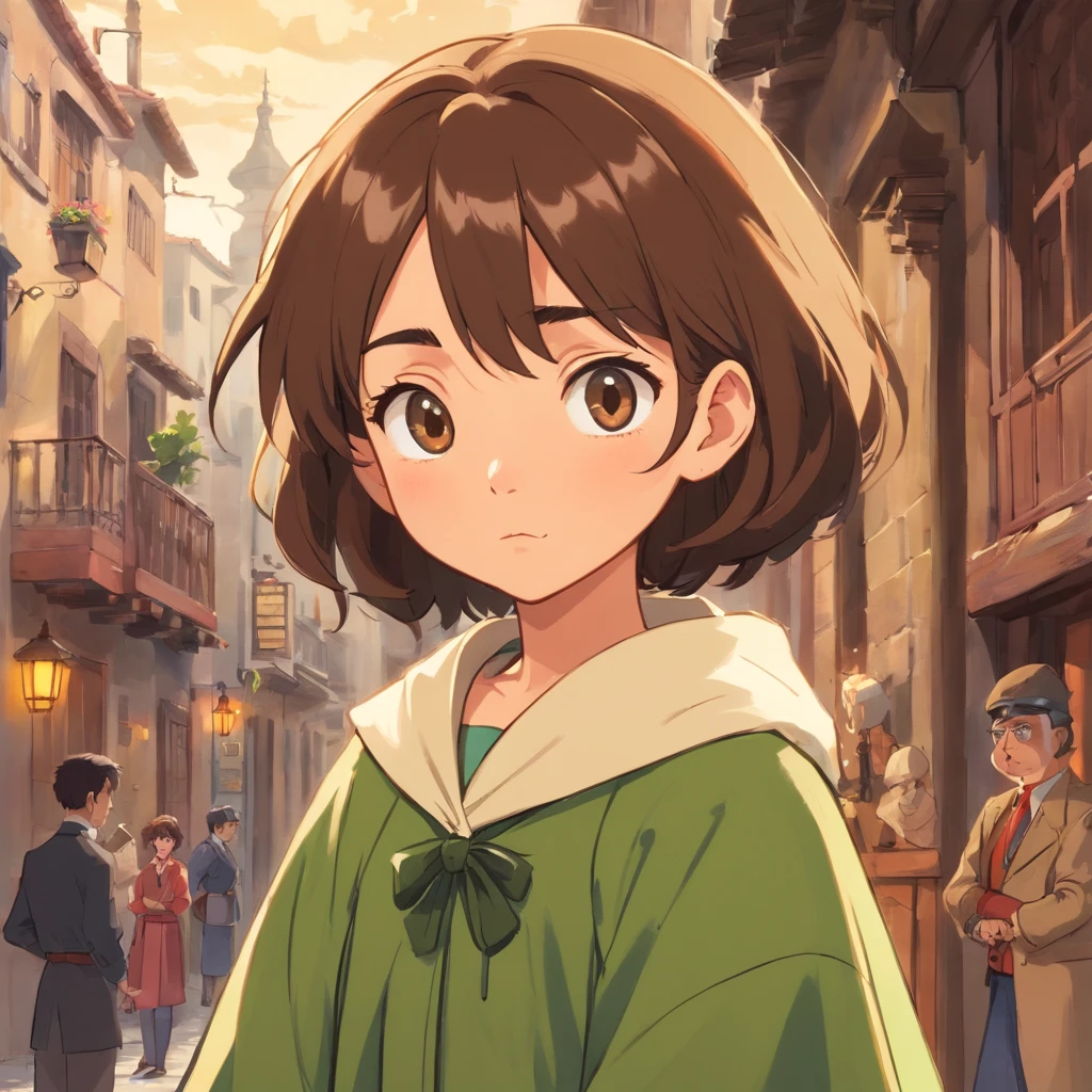 Conan el detective, infant, adolecente, joven. 15 years. Su cabello, de un verde esmeralda brillante, claro y sedoso, is combed back with a slight strand falling over his forehead. Sus ojos, de un tono avellana profundo, They are framed by thin, well-defined eyebrows, that pucker slightly when concentrated on one case. Lentes redondos. He has a straight nose and thin lips that often curve into a small smile of satisfaction when he solves a riddle.. Su rostro es juvenil pero firme, showing fierce determination in every expression. Has a pale complexion, que contrasta con el verde intenso de su cabello. Una cicatriz apenas visible atraviesa su mejilla derecha, un recordatorio de un encuentro anterior con el peligro. Sus orejas son ligeramente puntiagudas, un rasgo distintivo que indica una ascendencia especial. Wear an elegant brown checkered cape, que cae elegantemente sobre sus hombros, con detalles dorados en los bordes que le otorgan un toque de elegancia. Debajo de la capa, lleva una camisa blanca impecable y un chaleco negro ajustado que resalta su esbelta figura. Sus pantalones, del mismo tono verde oscuro que su cabello, They are stylish and practical to facilitate your mobility while researching. On your left wrist, lleva un reloj de bolsillo antiguo, un regalo de su mentor que guarda con gran aprecio. His hands are slender and agile, able to thoroughly examine each track accurately. Siempre lleva consigo una lupa de cristal, that he holds gracefully when he peruses the smallest details. Este joven detective, con su mirada aguda y su estilo distintivo, se destaca no solo por su inteligencia excepcional, but also for his elegance and unwavering dedication to solving the most complex mysteries.. Their presence in any scene is synonymous with resolution and justice.