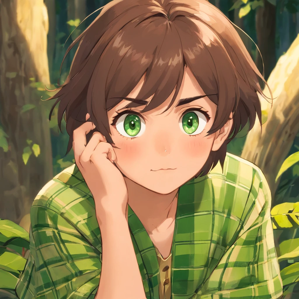 Conan el detective, infant, adolecente, joven. 15 years. Su cabello, de un verde esmeralda brillante, claro y sedoso, is combed back with a slight strand falling over his forehead. Sus ojos, de un tono avellana profundo, They are framed by thin, well-defined eyebrows, that pucker slightly when concentrated on one case. Lentes redondos. He has a straight nose and thin lips that often curve into a small smile of satisfaction when he solves a riddle.. Su rostro es juvenil pero firme, showing fierce determination in every expression. Has a pale complexion, que contrasta con el verde intenso de su cabello. Una cicatriz apenas visible atraviesa su mejilla derecha, un recordatorio de un encuentro anterior con el peligro. Sus orejas son ligeramente puntiagudas, un rasgo distintivo que indica una ascendencia especial. Wear an elegant brown checkered cape, que cae elegantemente sobre sus hombros, con detalles dorados en los bordes que le otorgan un toque de elegancia. Debajo de la capa, lleva una camisa blanca impecable y un chaleco ????? ajustado que resalta su esbelta figura. Sus pantalones, del mismo tono verde oscuro que su cabello, They are stylish and practical to facilitate your mobility while researching. On your left wrist, lleva un reloj de bolsillo antiguo, un regalo de su mentor que guarda con gran aprecio. His hands are slender and agile, able to thoroughly examine each track accurately. Siempre lleva consigo una lupa de cristal, that he holds gracefully when he peruses the smallest details. Este joven detective, con su mirada aguda y su estilo distintivo, se destaca no solo por su inteligencia excepcional, but also for his elegance and unwavering dedication to solving the most complex mysteries.. Their presence in any scene is synonymous with resolution and justice.