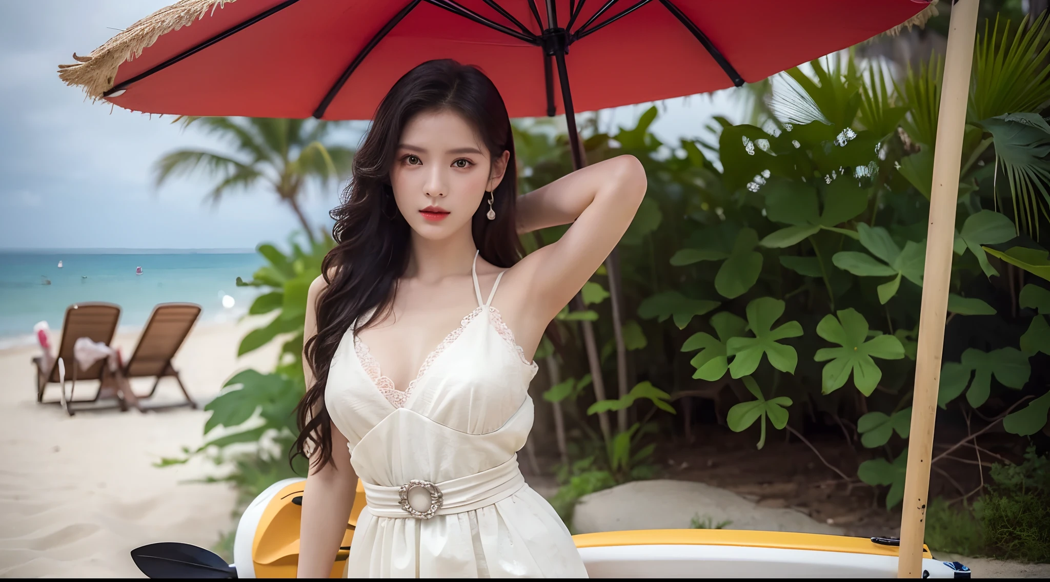 Realiy，8K，超高分辨率，Front light，rays of sunshine，suns，photographed，(the sea，sandbeach，visitor，beach umbrella，deck chair，Iot，sea shell，Kayaking，baiyun:1.2)，cotton candy， Female celebrities，long whitr hair，shift dresses，（Jump up，Fly in the air）Hair_decorations, (Solo,solo person), Lace long gloves，jewelry，sash, Looking_at_peeping at the viewer, Bigchest，(A half body，中景 the scene is:1.3)，Face lighting