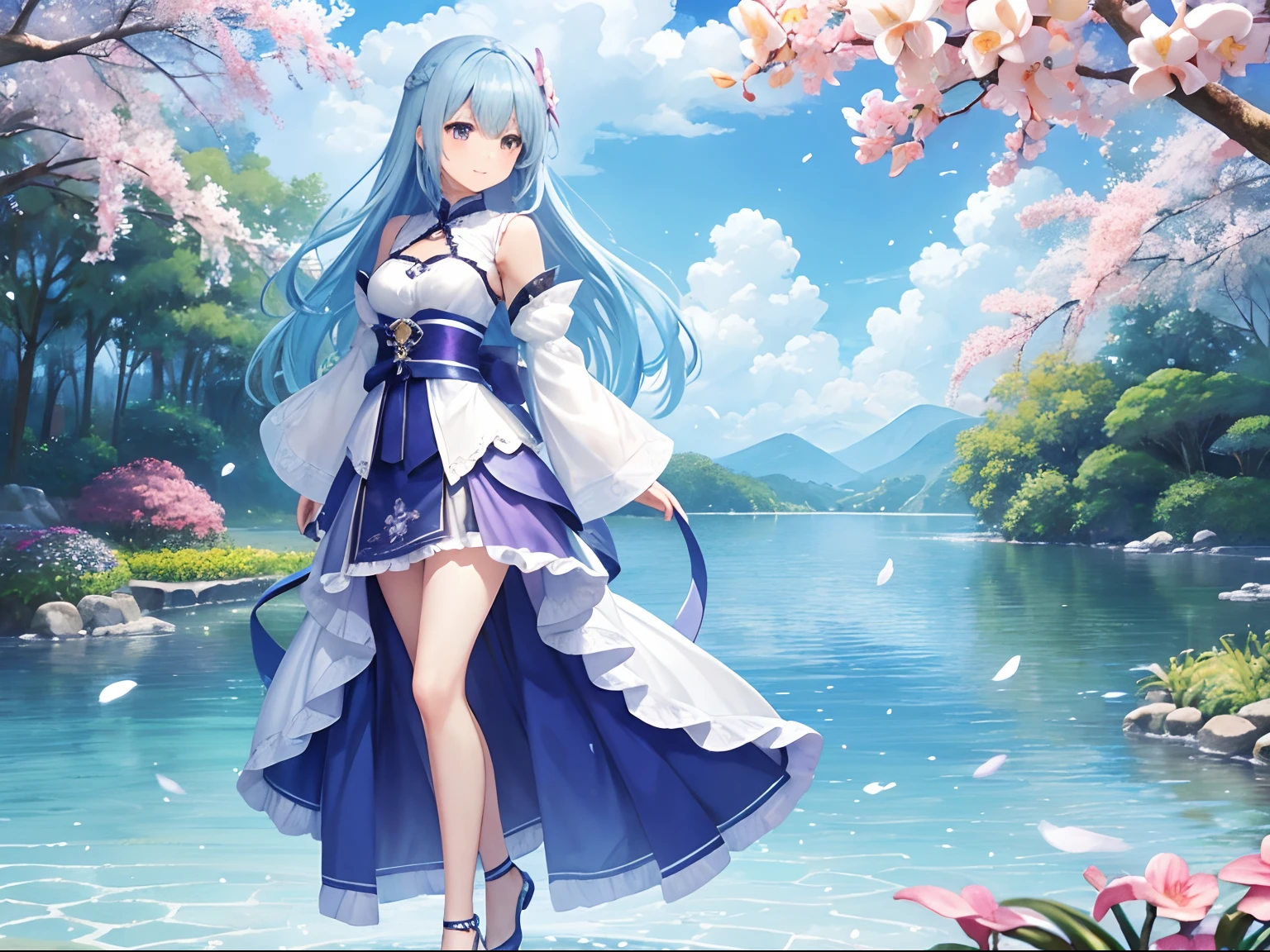 (hight resolution、ultra-detailliert、nffsw、movie)、独奏、1girl in、Happiness、Girl Standing In Orchid Garden、Girl around the petals、A charming smile、full body Esbian、Long-haired girl with blue hair、lightblue hair、facing front、Fantasia、Official art、pop-art、profile、hyperdetailed face、ultradetailed eyes、Orchid Garden、Ultra Detailed Fields、White blue sky、 shuicolor、blanche、Nebulae in the sky、watercolor paiting、PastelColors、(In the background、Clear blue sky)
