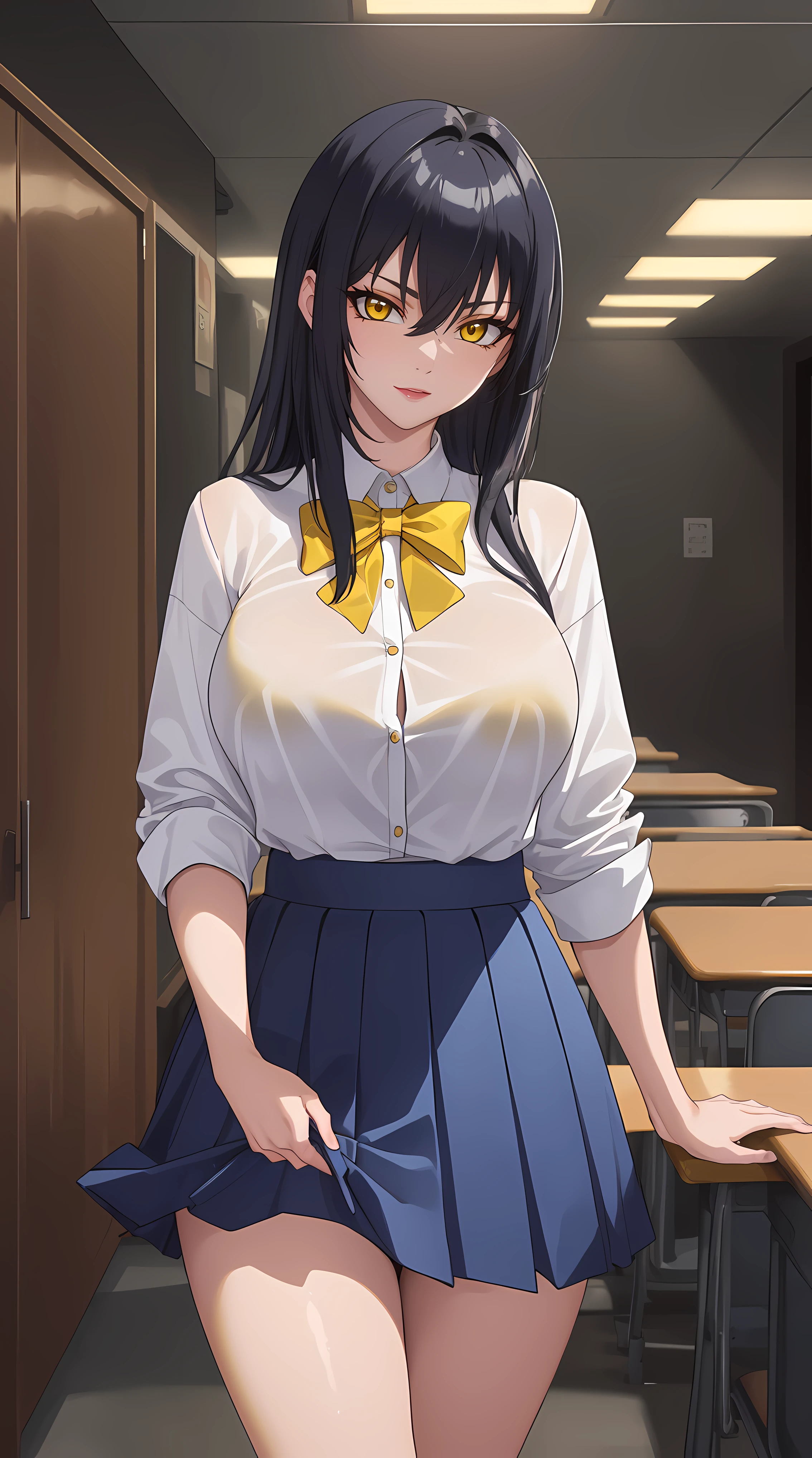 score_9, score_8_up, score_7_up, score_6_up, uncensored, BREAK,
yukinoshita yukino,
1girl, mature female, solo,
looking at viewer, naughty face,  half-closed eyes, head tilt,  parted lips, bimbo, 
black hair, long hair, thick lips, grey eyes,
shiny skin, small breasts, belly,
miniskirt, pleated skirt, skin tight, zettai ryouiki, classroom, spotlight, bokeh, hands on pocket, necktie, mature female, tall girl,