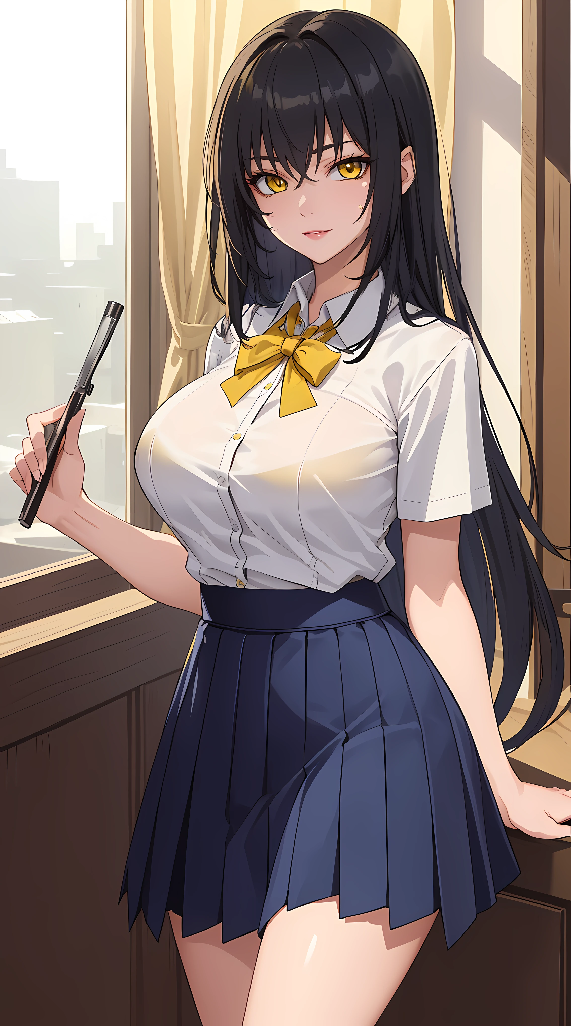 (masterpiece:1.4),(best quality:1.4),  soft lighting, cinematic bloom, beautiful face, beautiful eyes, cowboy shot,
1girl, solo, female mature, black hair, long hair, (yellow eyes:1.4), large breasts, school outfit, ((white shirt, blue skirt, highschool)), hair intakes, exquisite eyes detail, exquisite character design unity details 8k hdr, professional art, landscape, (solo:1.5, 1girl:1.4, cowboy shot:1.5), sexy body, milf, 35 years old girl, big thighs, sexy waist, seductive