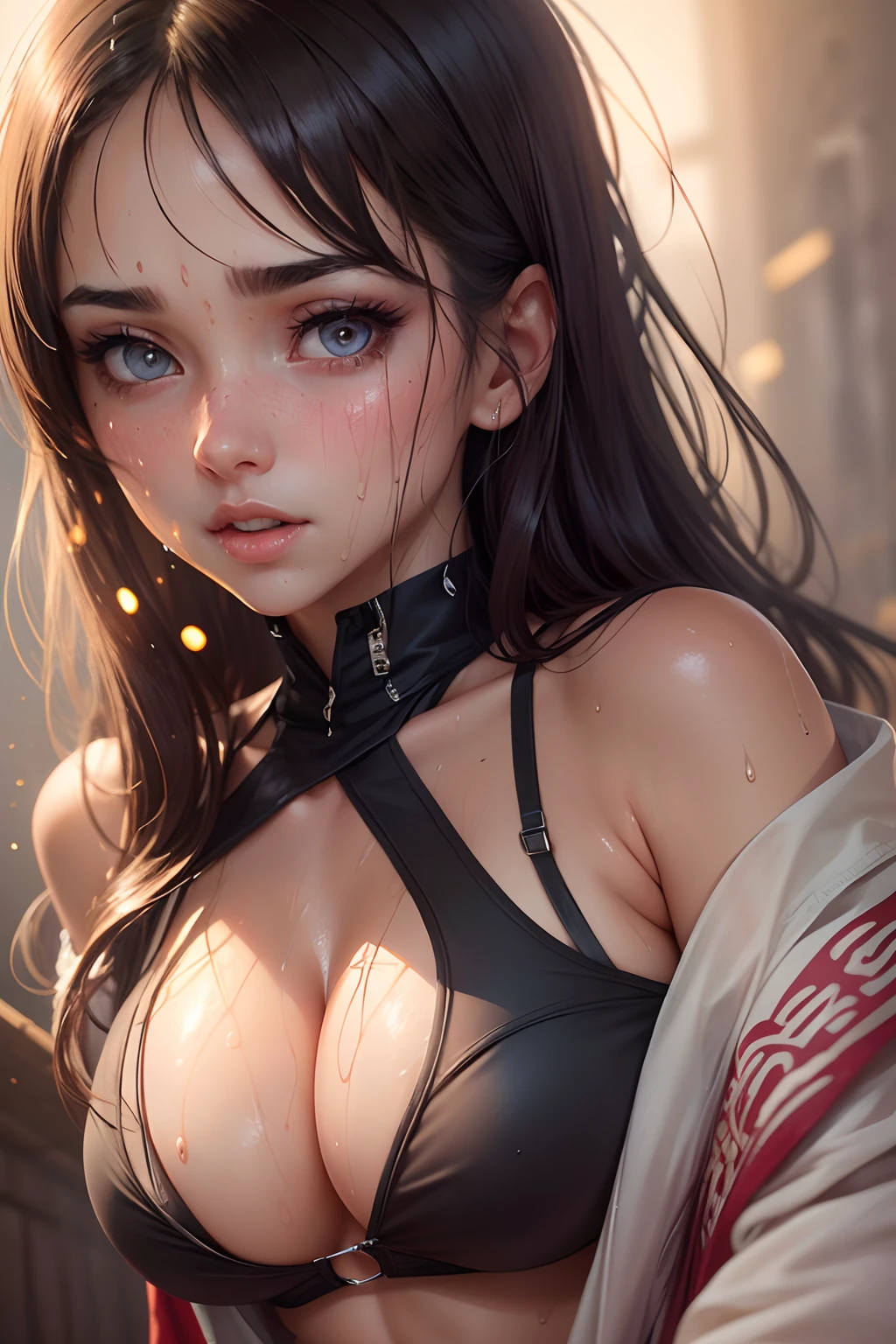 Beautiful girl, hot girl, detailed face, detailed eyes, detailed hair, detailed body, hanging boobs, change background, 8k, realistic, ultra realistic, visible panties, visible swimsuit, ((she is sweating)).