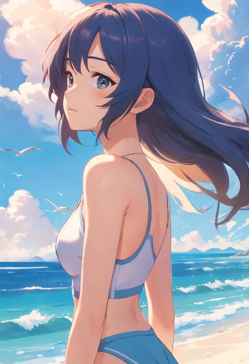one-girl,cropped shoulders,Huge breasts,Portrait photo,Particularly large breasts,Off-the-shoulder attire,,cleavage,Open navel,Upper body photo,Black color hair,upon the clouds,white clothes,比基尼,swim wears,sandbeach,the sea,Close-up shot