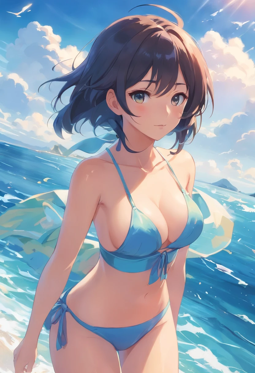 one-girl，cropped shoulders，Huge breasts，Portrait photo，Particularly large breasts，Off-the-shoulder attire，，cleavage，Open navel，Upper body photo，Black color hair，upon the clouds，white  clothes，比基尼，swim wears，sandbeach，the sea，Close-up shot