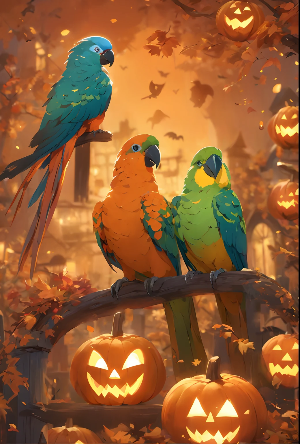 Best Quality,4K, jack-o-lanterns、Spooky Halloween Garden Parrots and Jack-o'-Lanterns, Surrounded by bright autumn leaves. The garden is full of eerie lighting, Cast shadows on the carved face of a pumpkin, Create an eerie yet captivating atmosphere. Jack-o'-lanterns are classic forms,Illuminated by flickering candles. Colorful parrots perched on jack-o'-lanterns,Brightly colored parrots,Fun Halloween with black round eyed parrot bird, Whimsical Halloween with birds, Lively Halloween landscape, Colorful Halloween with birds, Merry Halloween Celebration, Fun Halloween with Birds, Playful Halloween with birds, Halloween celebration with birds, Merry Halloween Festivities, Halloween Party with Birds, Enchanting Halloween with birds, Lively Halloween atmosphere, Vibrant Halloween colors, Birds and Magic Halloween