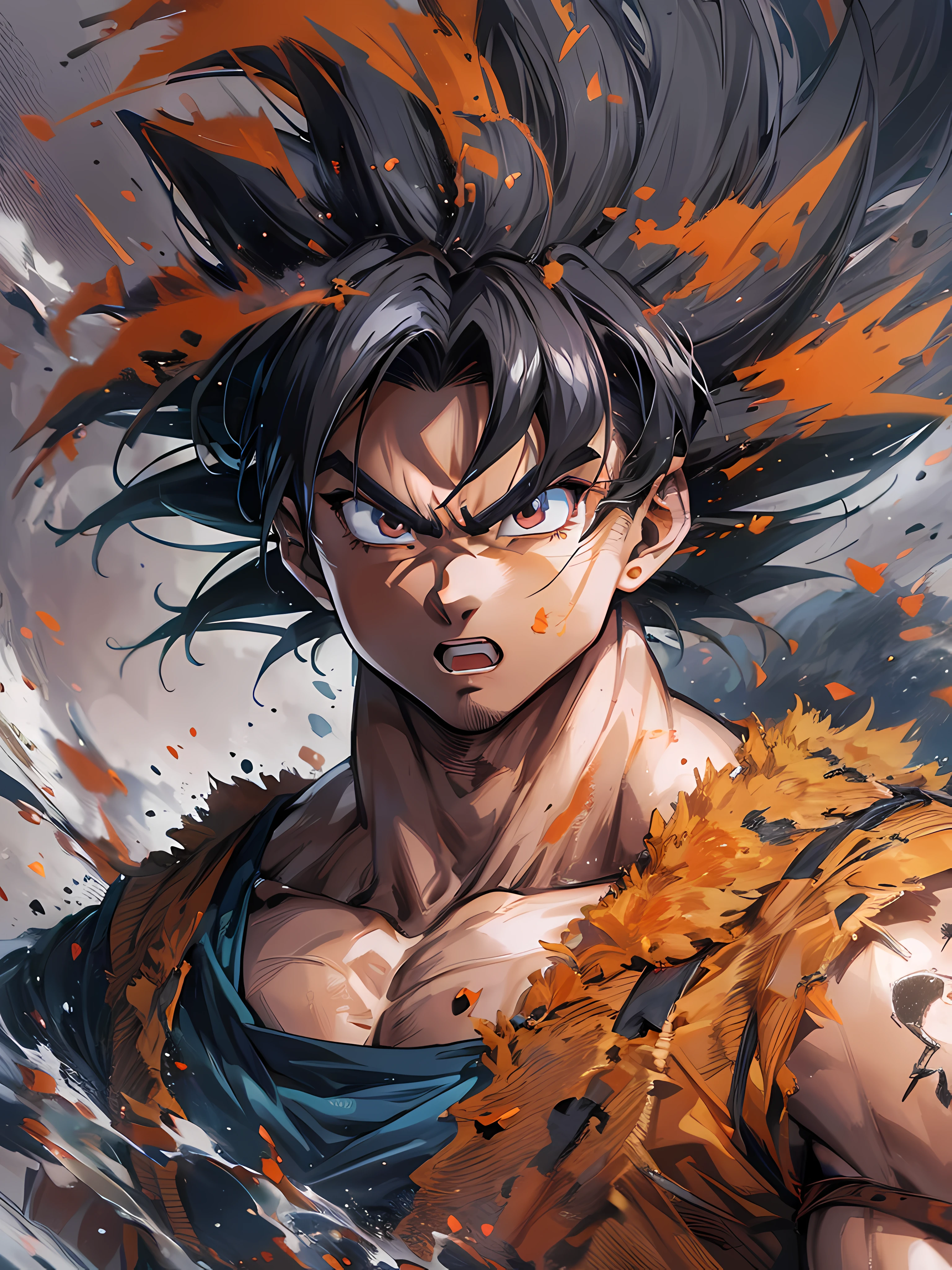 Masterpiece: 1.1, detailed eyes and face, feudal Japan uniform, very detailed cgi unity 8k wallpaper, splash ink, flat background, giant red circle background, Goku super saiyan, muscular build, bulky form, ripped physique, serious expression, (full body:1.05),  pure, colorful water color, Japanese art style, black eyes, (1boy), (face detail: Goku), looking at viewer, {inkstyle art: 0.7}