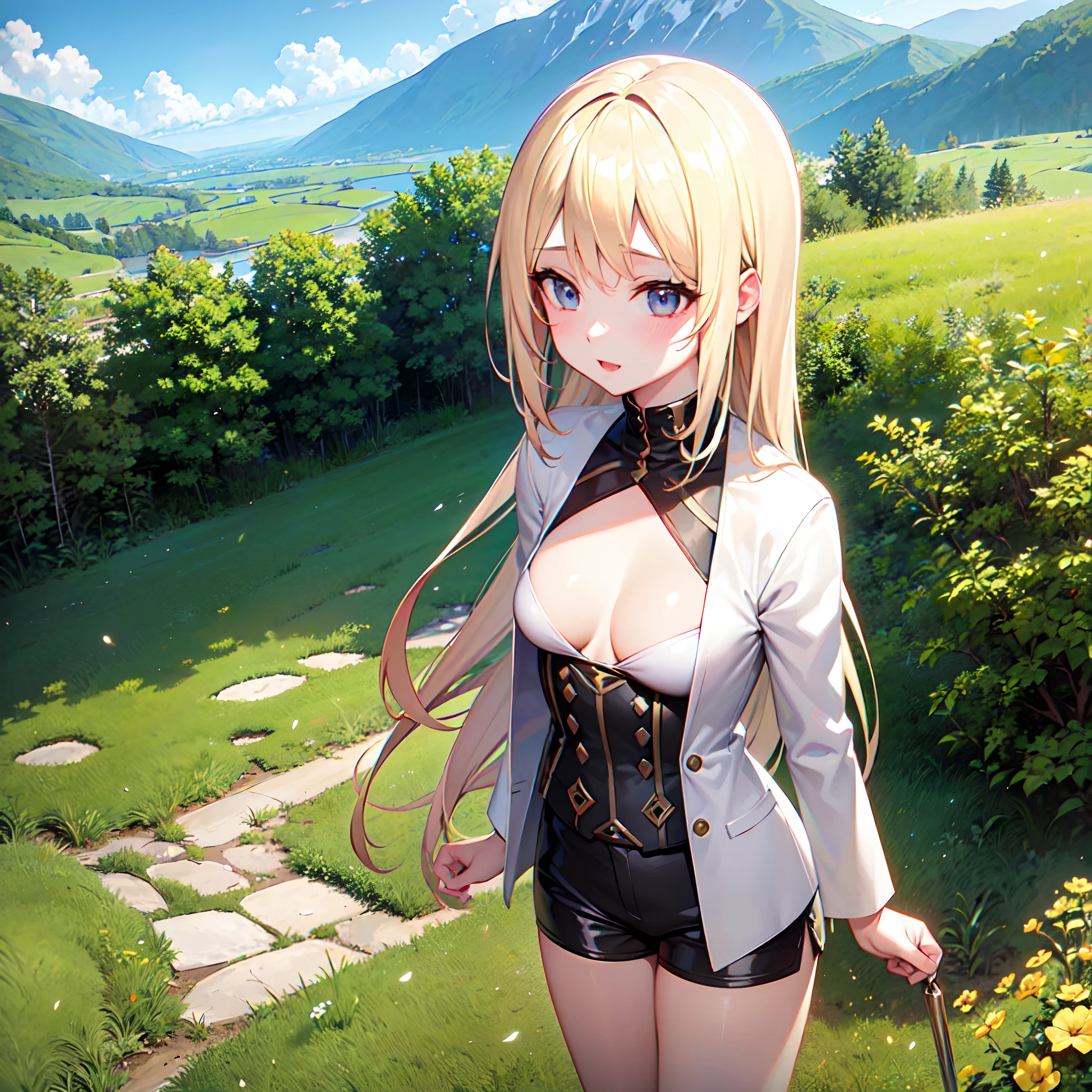 1girl, blonde hair, straight hair, on the mountain, Beautiful view, Ultra Detailed, Ultra-Detailed CG, Summer Clothing, Sunlight, Standing, small breasts, pale skin, Shorts, detailed background