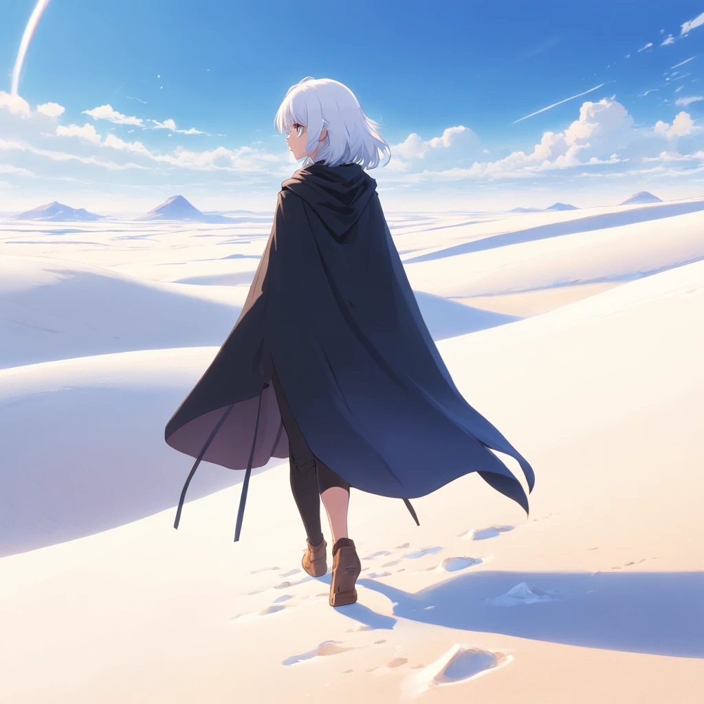 White-haired girl in black cape walking in white desert