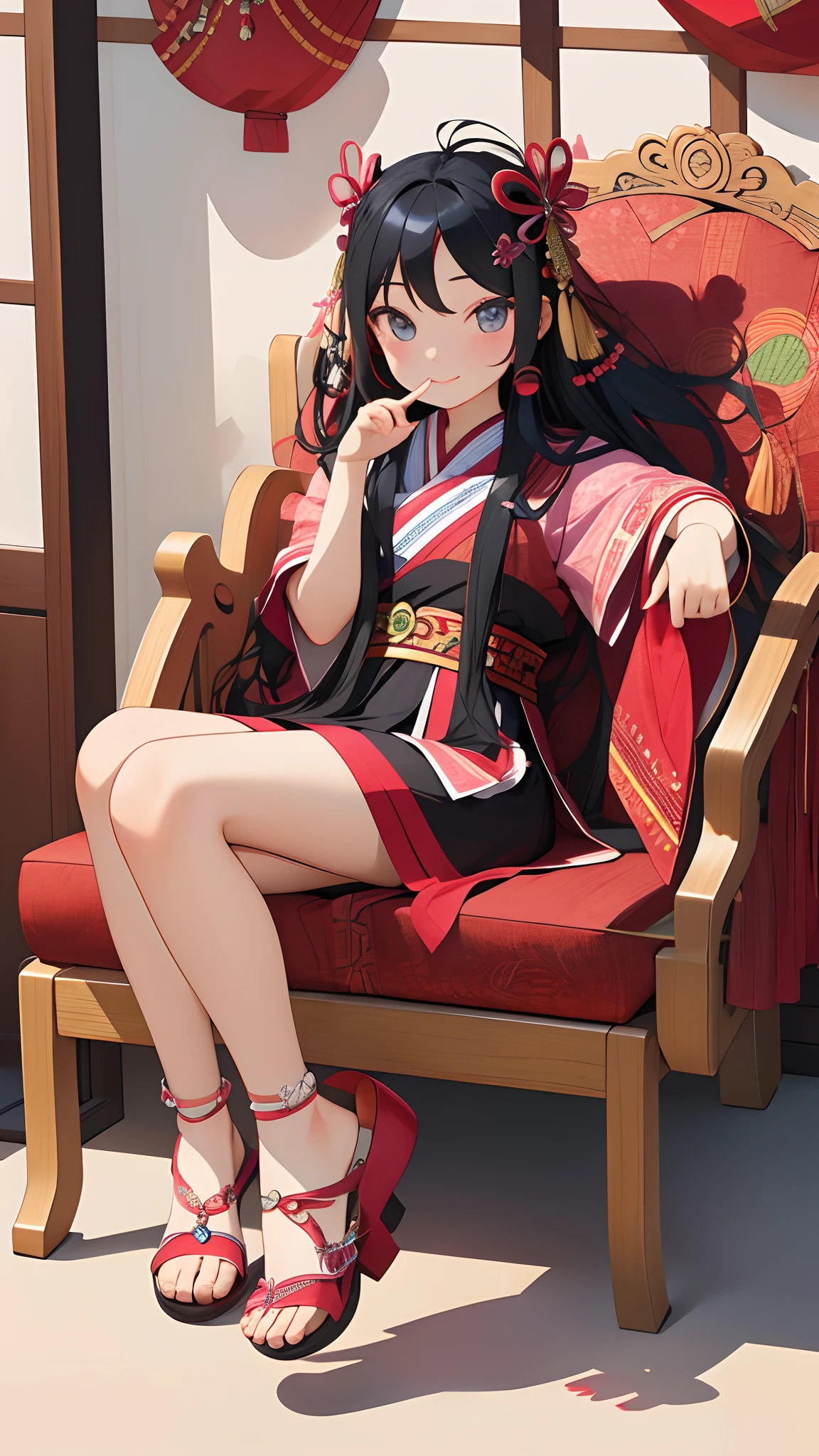 Hmong girls、Put your hand to your mouth and smile、full body Esbian、Sitting on a chaise longue、Distinctive ethnic hair ornaments、Characteristic ethnic shoes