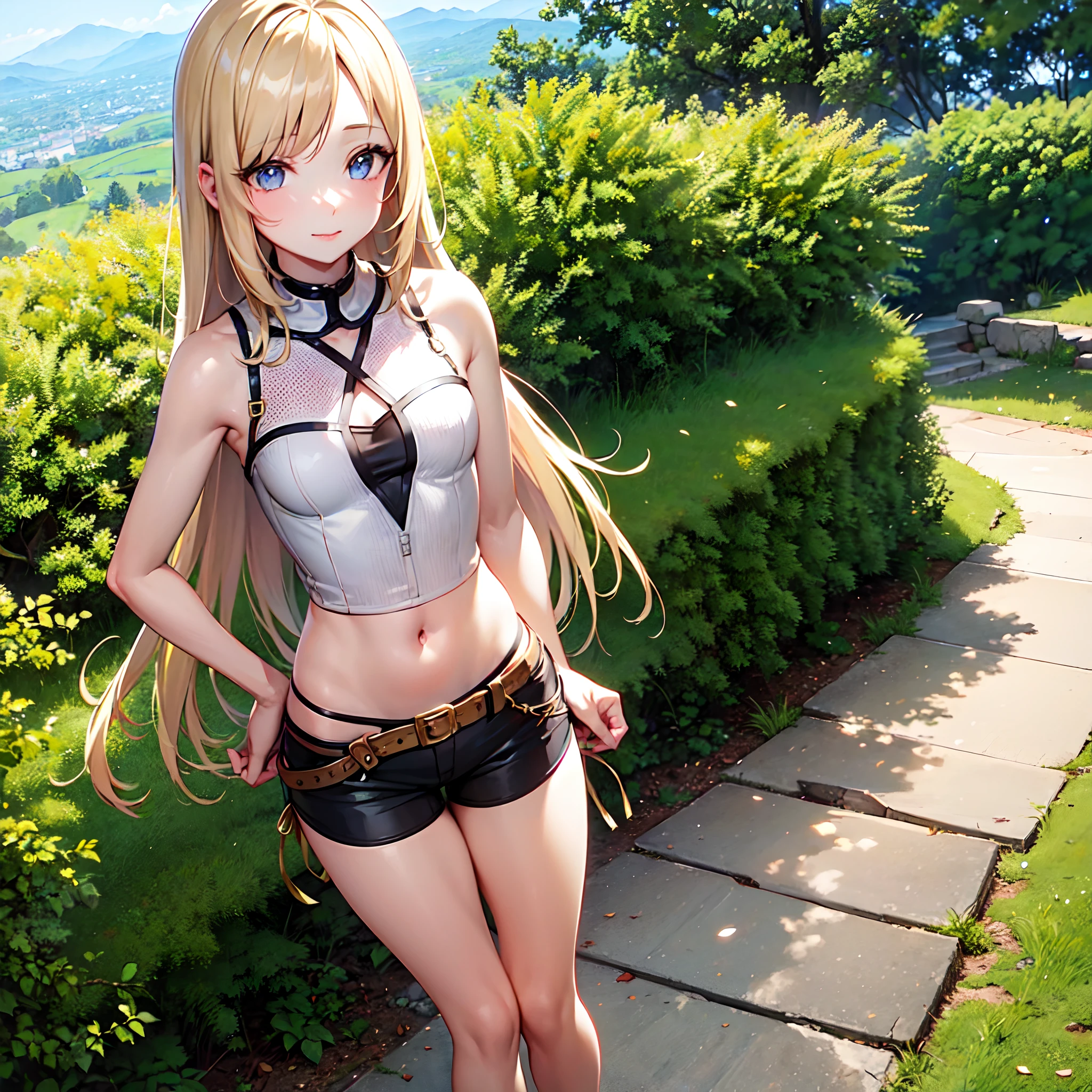 1girl, blonde hair, straight hair, on the mountain, Beautiful view, Ultra Detailed, Ultra-Detailed CG, Summer Clothing, Sunlight, Standing, small breasts, pale skin, Shorts, detailed background, hands on hips