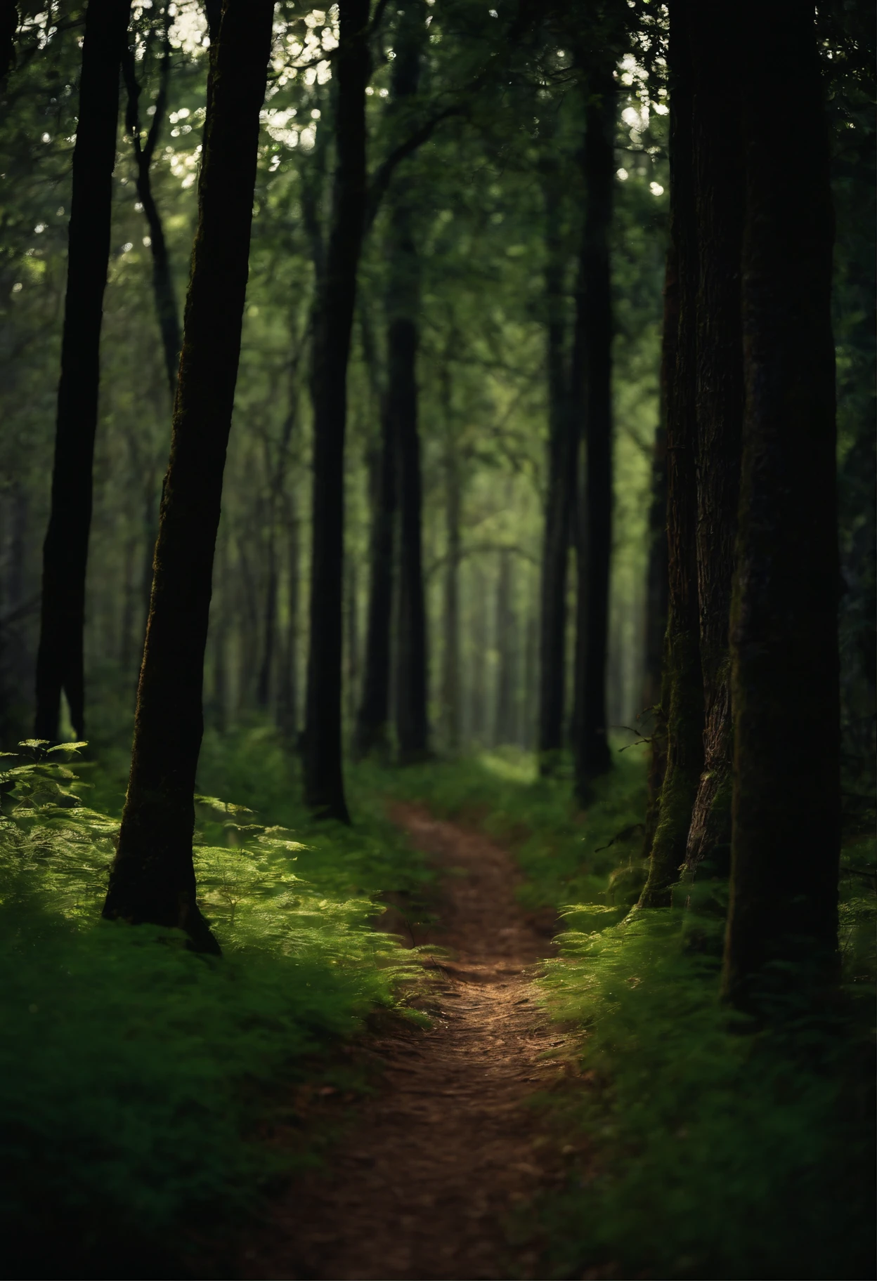 In a forest, a path shines with light. The background is a magical forest, creating an atmosphere that is very magical and dreamlike, enchanting magic, and enchanting magical fantasy. The forest is inhabited by magical fairies and fireflies. It is a type of fairy forest.