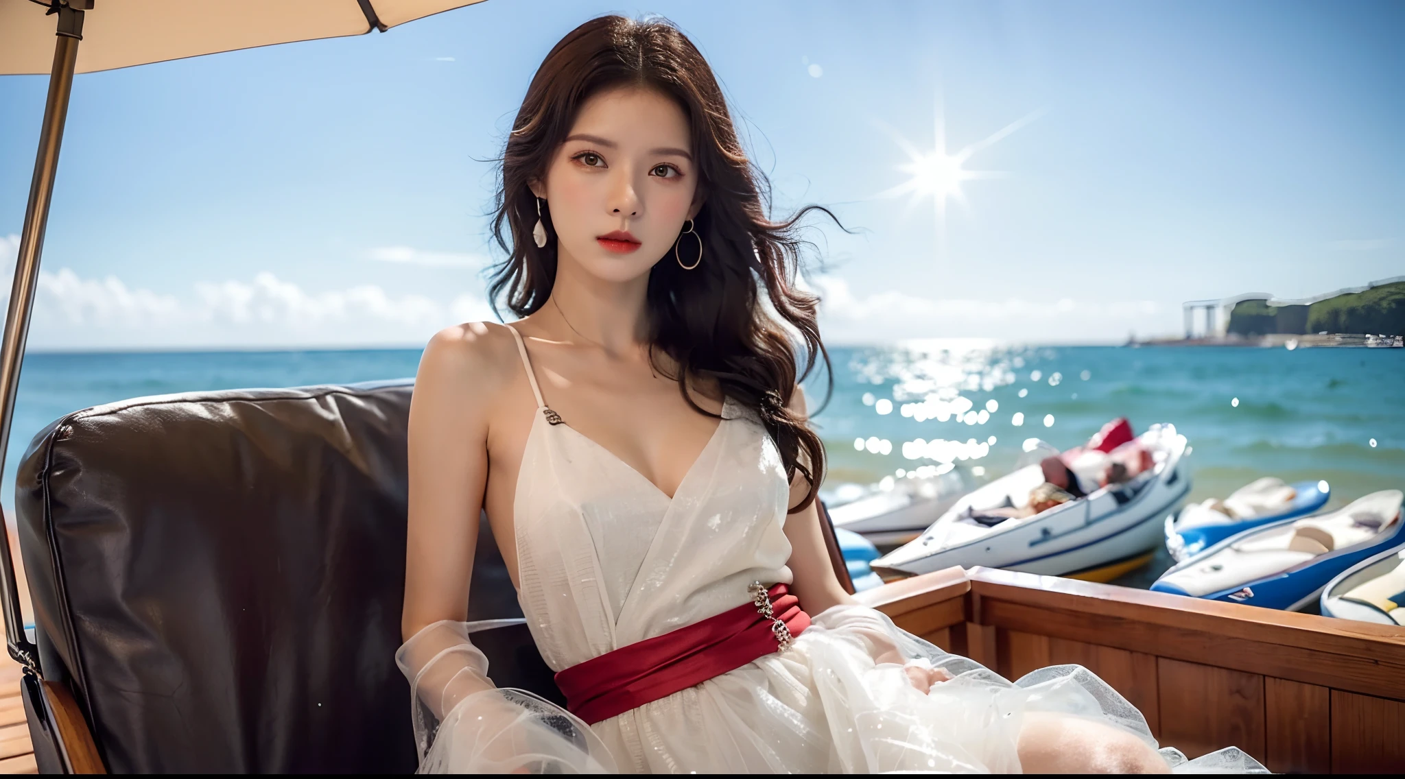 Realiy，8K，超高分辨率，Front light，rays of sunshine，suns，photographed，(the sea，sandbeach，visitor，deck chair，Iot，sea shell，Kayaking，baiyun:1.2)，cotton candy， Female celebrities，long whitr hair，shift dresses，（Jump up，Fly in the air）Hair_decorations, (Solo,solo person), Lace long gloves，jewelry，sash, Looking_at_peeping at the viewer, Bigchest，(A half body，中景 the scene is:1.3)，Face lighting