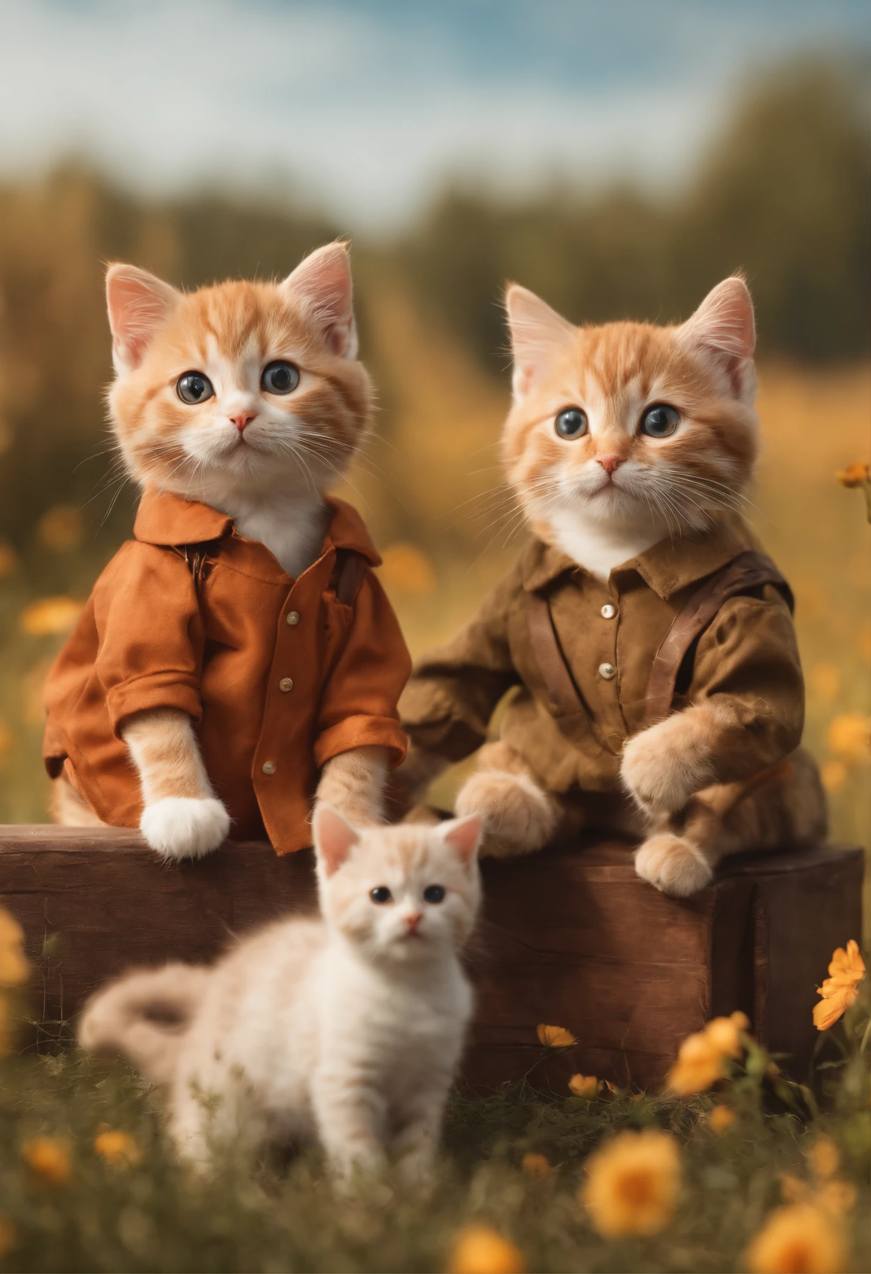 There are two cute cats, known as Cowboy Cats, cute kittens, two-headed cats, kittens, Cats, CatsCatsCat, and cute cats. They are sitting together in a field, dressed in farm clothes. They are cute in the style of 🍁 and 🍂, and are the cutest. They are known as the real-life Tom and Jerry. The art style is a cute cat anime visual.