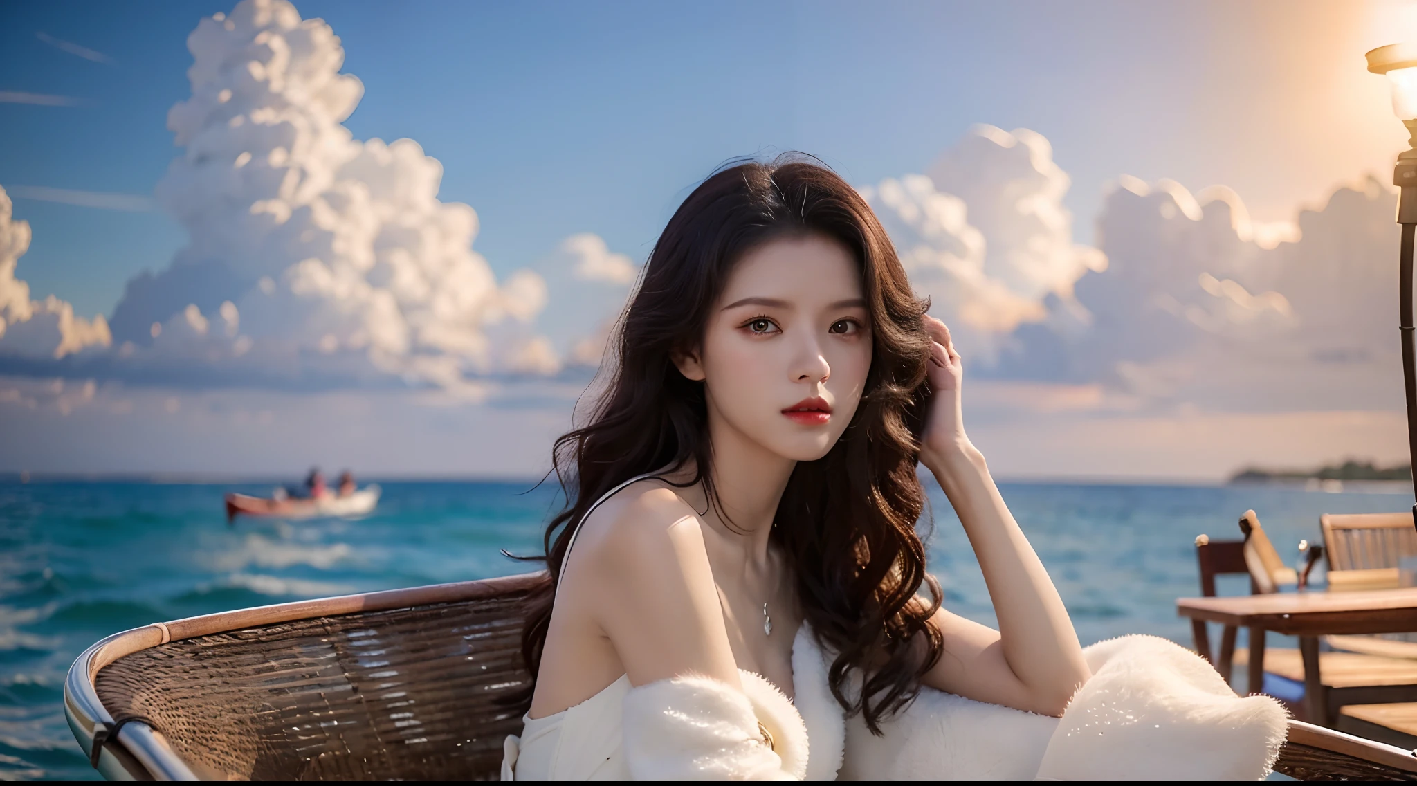 Realiy，8K，超高分辨率，Front light，rays of sunshine，suns，photographed，(the sea，sandbeach，visitor，deck chair，Iot，sea shell，Kayaking，baiyun:1.2)，cotton candy， Female celebrities，long whitr hair，shift dresses，（Jump up，Fly in the air）Hair_decorations, (Solo,solo person), Lace long gloves，jewelry，sash, Looking_at_peeping at the viewer, Bigchest，(A half body，中景 the scene is:1.3)，Face lighting