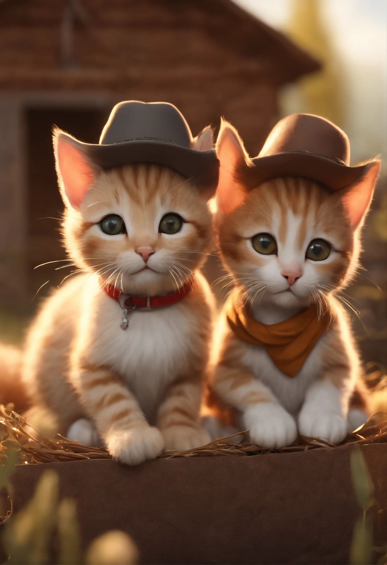 There are two cute cats, known as Cowboy Cats, cute kittens, two-headed cats, kittens, Cats, CatsCatsCat, and cute cats. They are sitting together in a field, dressed in farm clothes. They are cute in the style of 🍁 and 🍂, and are the cutest. They are known as the real-life Tom and Jerry. The art style is a cute cat anime visual.