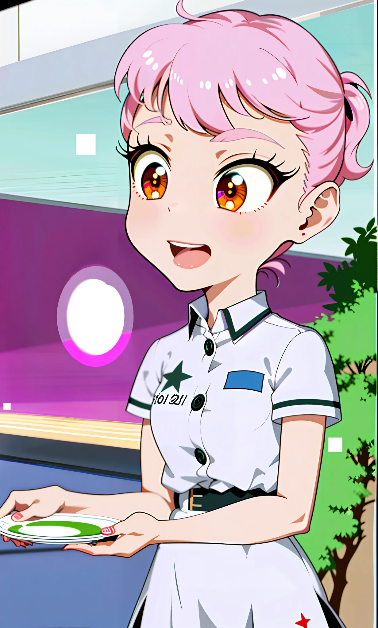 a cartoon picture of a woman holding a plate of food, wearing rr diner uniform, girl wearing uniform, magic school uniform, chibi, cyber school girl, closeup view, amy sol in the style of, sunset sunrise, pilot girl, security agent, anya from spy x family, cartoon still, jk uniform, anime maid ss military, evening sunset