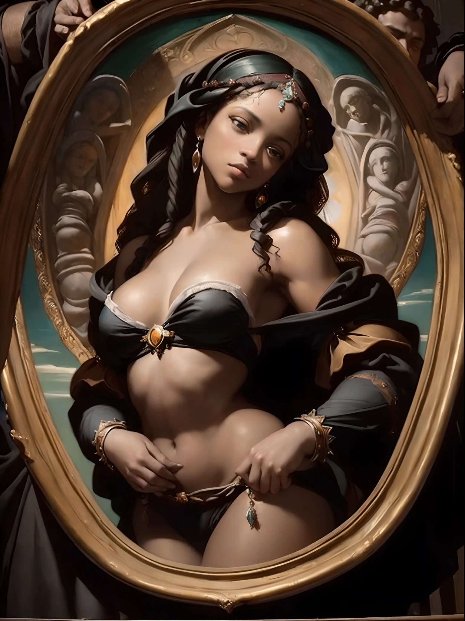 (Renaissance oil painting of a beautiful black woman:1.3), best quality, masterpiece, expressive, thrilling, 256k, epic, crepuscular lights, (by Michelangelo, by Rafael, by Rubens:1.2), chiaroscuro, best quality, masterpiece, (best hands)