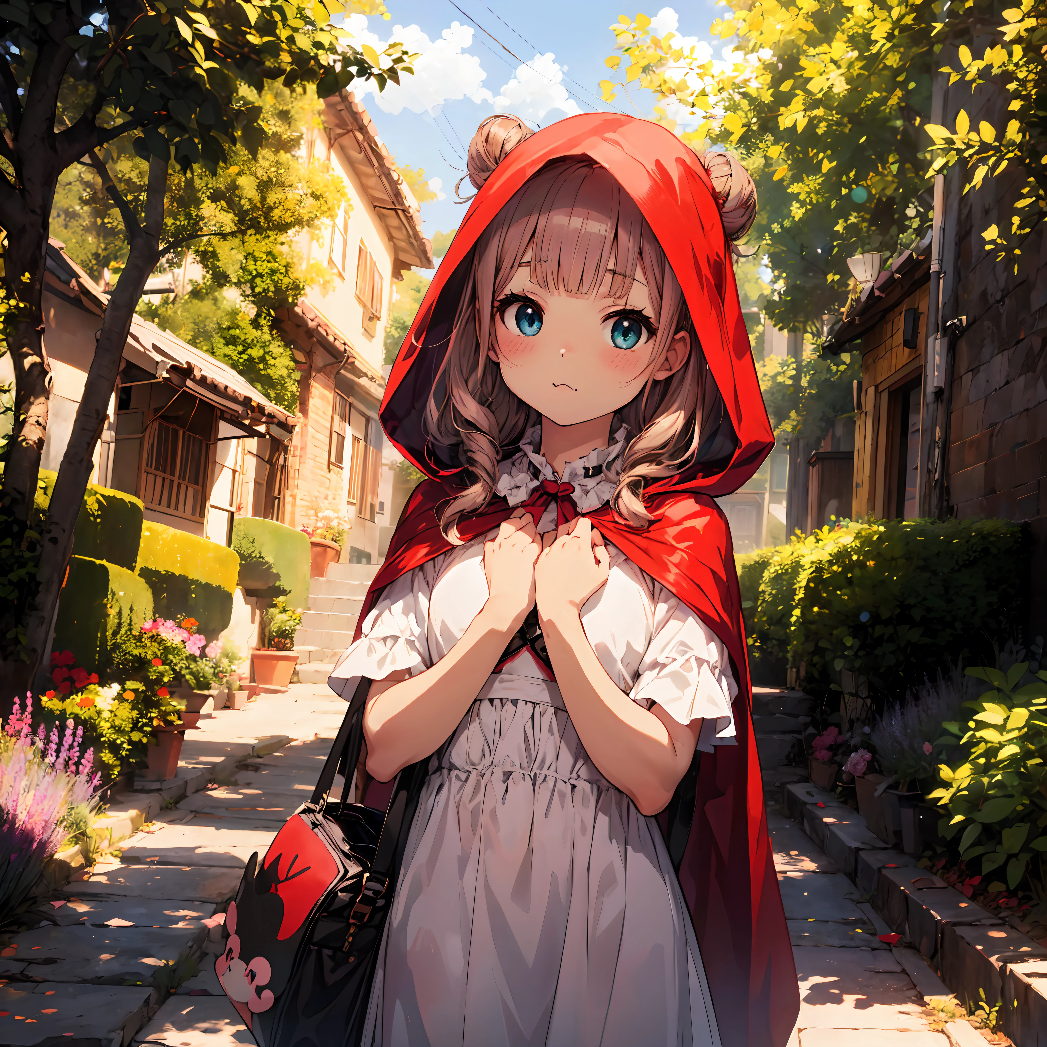 (best anime 4k konachan wallpaper, clean detailed anime art,masutepiece), (Best Quality), (Super Detail), (Best Illustration), (Best Shadow), POV, Realistic lighting and shading, Natural light, Lens flare effect, BREAK, 1 Beautiful 7 Girl, Solo,(kawaii:2.0),(Chibi:0.8), (kawaii:1.5),(Lori:2.0), BREAK, (Red hair, short-hair:1.2),(2 hair buns,Blunt bangs:1.3),{Heterochromia,pale blue eyes,pale green eyes, Eye Highlights,The first hyperfine stars:1.5}, star eye silhouette, (long eyelashes, Double eyelids:1.2), (de pele branca),BREAK, (Little Red Riding Hood:1.5),(White Dress:1.3),BREAK,Wonderland,trolling, Lavender fields, (fragrant:1.2), Summer, Purple, Calming, warm breeze, painting-like, yes, Nature,Super close to the chest