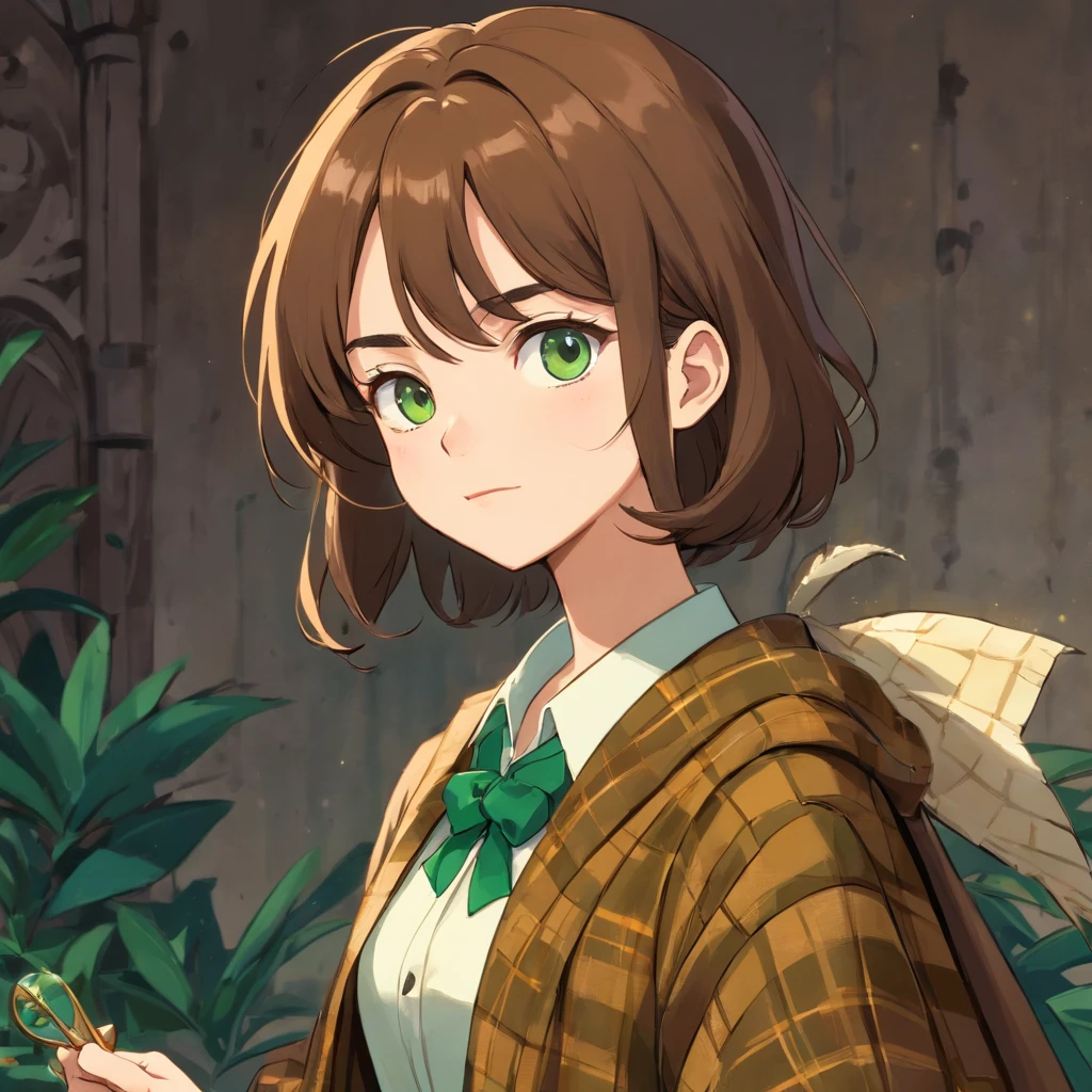 Conan el detective, masculino, infant, Adscente, joven. 15 u cabello, de un verde esmeralda brillante, claro y sedoso, combs his hair back with a slight tuft that falls on his forehead. Sus ojos, de un tono avellana profundo, They are framed by thin, Cejas bien definidas, que frunce ligeramente cuando se concentra en un caso. lentes redondos. He has a straight nose and thin lips that often curve into a small smile of satisfaction when solving a riddle... Su rostro es juvenil pero firme, showing fierce determination in every expression. Has a pale complexion, que contrasta con el verde intenso de su cabello. Una cicatriz apenas visible atraviesa su mejilla derecha, un recordatorio de un encuentro anterior con el peligro. Sus orejas son ligeramente puntiagudas, un rasgo distintivo que indica una ascendencia especial. Wear an elegant brown checkered cape, que cae elegantemente sobre sus hombros, con detalles dorados en los bordes que le otorgan un toque de elegancia. Debajo de la capa, lleva una camisa blanca impecable y un chaleco negro ajustado que resalta su esbelta figura. Sus pantalones, del mismo tono verde oscuro que su cabello, They are stylish and practical to facilitate your mobility while researching. On your left wrist, lleva un reloj de bolsillo antiguo, un regalo de su mentor que guarda con gran aprecio. His hands are slender and agile, able to thoroughly examine each track accurately. Siempre lleva consigo una lupa de cristal, that he holds gracefully when examining the smallest details. Este joven detective, con su mirada aguda y su estilo distintivo, se destaca no solo por su inteligencia excepcional, but also for his elegance and unwavering dedication to solving the most complex mysteries.... Their presence in any scene is synonymous with resolution and justice.