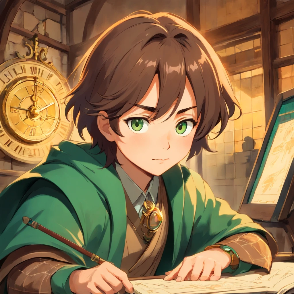 Conan el detective, masculino, infant, Adolescente, joven. 15 years. Su cabello, de un verde esmeralda brillante, claro y sedoso, combs his hair back with a slight tuft that falls on his forehead. Sus ojos, de un tono avellana profundo, They are framed by thin, Cejas bien definidas, que frunce ligeramente cuando se concentra en un caso. lentes redondos. He has a straight nose and thin lips that often curve into a small smile of satisfaction when solving a riddle... Su rostro es juvenil pero firme, showing fierce determination in every expression. Has a pale complexion, que contrasta con el verde intenso de su cabello. Una cicatriz apenas visible atraviesa su mejilla derecha, un recordatorio de un encuentro anterior con el peligro. Sus orejas son ligeramente puntiagudas, un rasgo distintivo que indica una ascendencia especial. Wear an elegant brown checkered cape, que cae elegantemente sobre sus hombros, con detalles dorados en los bordes que le otorgan un toque de elegancia. Debajo de la capa, lleva una camisa blanca impecable y un chaleco negro ajustado que resalta su esbelta figura. Sus pantalones, del mismo tono verde oscuro que su cabello, They are stylish and practical to facilitate your mobility while researching. On your left wrist, lleva un reloj de bolsillo antiguo, un regalo de su mentor que guarda con gran aprecio. His hands are slender and agile, able to thoroughly examine each track accurately. Siempre lleva consigo una lupa de cristal, that he holds gracefully when examining the smallest details. Este joven detective, con su mirada aguda y su estilo distintivo, se destaca no solo por su inteligencia excepcional, but also for his elegance and unwavering dedication to solving the most complex mysteries.... Their presence in any scene is synonymous with resolution and justice.