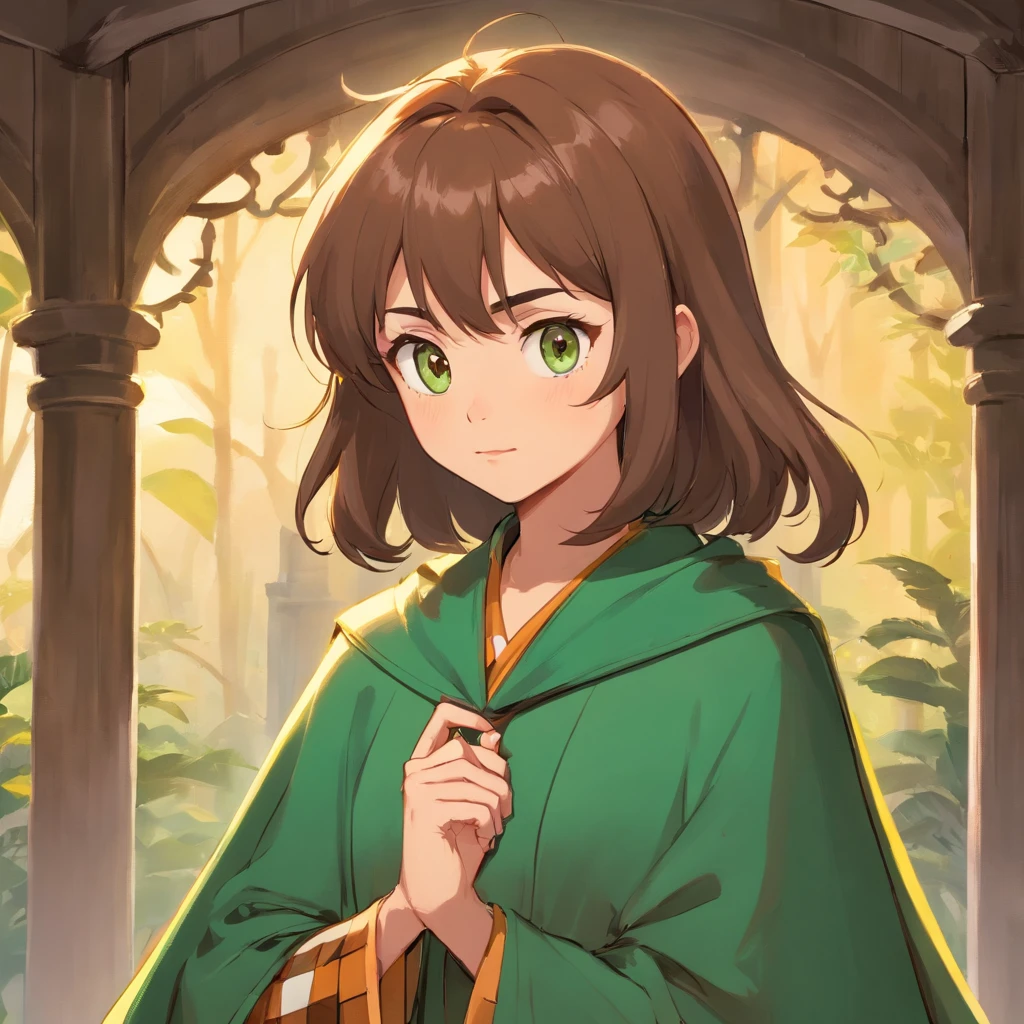 Conan el detective, masculino, infant, Adolescente, joven. 15 years. Su cabello, de un verde esmeralda brillante, claro y sedoso, combs his hair back with a slight tuft that falls on his forehead. Sus ojos, de un tono avellana profundo, They are framed by thin, Cejas bien definidas, que frunce ligeramente cuando se concentra en un caso. lentes redondos. He has a straight nose and thin lips that often curve into a small smile of satisfaction when solving a riddle... Su rostro es juvenil pero firme, showing fierce determination in every expression. Has a pale complexion, que contrasta con el verde intenso de su cabello. Una cicatriz apenas visible atraviesa su mejilla derecha, un recordatorio de un encuentro anterior con el peligro. Sus orejas son ligeramente puntiagudas, un rasgo distintivo que indica una ascendencia especial. Wear an elegant brown checkered cape, que cae elegantemente sobre sus hombros, con detalles dorados en los bordes que le otorgan un toque de elegancia. Debajo de la capa, lleva una camisa blanca impecable y un chaleco negro ajustado que resalta su esbelta figura. Sus pantalones, del mismo tono verde oscuro que su cabello, They are stylish and practical to facilitate your mobility while researching. On your left wrist, lleva un reloj de bolsillo antiguo, un regalo de su mentor que guarda con gran aprecio. His hands are slender and agile, able to thoroughly examine each track accurately. Siempre lleva consigo una lupa de cristal, that he holds gracefully when examining the smallest details. Este joven detective, con su mirada aguda y su estilo distintivo, se destaca no solo por su inteligencia excepcional, but also for his elegance and unwavering dedication to solving the most complex mysteries.... Their presence in any scene is synonymous with resolution and justice.