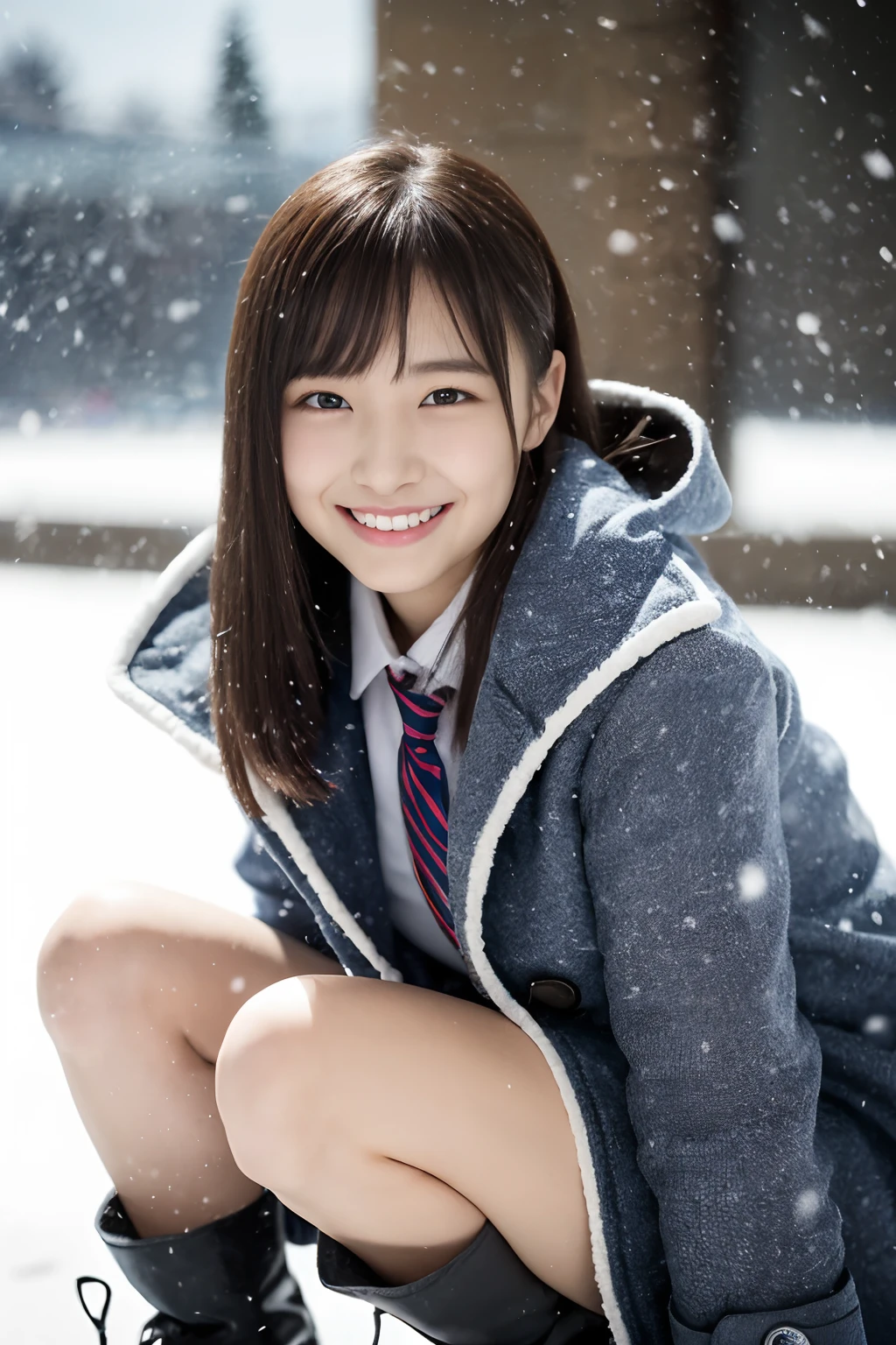 ((Duffel coat、hi-school girl、a miniskirt、thighs thighs thighs thighs、Mouton Boots、crouching down、open one's legs、Detailed panties:1.2))、(realisitic、Photorealsitic、ultra-detailliert、Highest Details Skins、top-quality、masterpiece、超A high resolution)、Realistic skin type、Japan schoolgirl uniform、simple background、Cute Japan person、18year old、younggirl、I have bangs、二重まぶた、drooing eyes、Cute smile、Charming、purity、double tooth、View here、Winters、It's snowing、Thick check muffler、The wind is blowing、Shot from the front、taken from the under