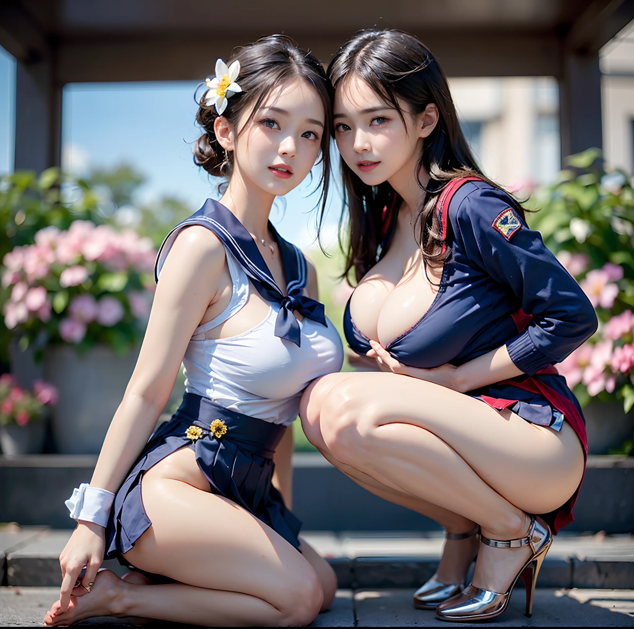 (top-quality)、 (​masterpiece)、(Professional lighting with fewer shadows)、 (A hyper-realistic)、 (perfect anatomia)、 (In front of the camera、There are two women、Forward and backward、Crying Kuroko、That and bangs and forehead), ( Huge breasts:1.4), (Bright and even whitening skin without wrinkles and steps), (Beautiful blue eyes with long eyelashes and red tear bags)、 (Her outfit is a cramped sailor suit、A micro mini pleated skirt that is too short and comes out of the butt is directly on her body:1.5), (Two people are surrounded by flowers, Face the front in front of the camera、Proudly stick out your chest:1.5), (Another person on the other side、with arcuate waist, Turn your back and expose your proud big ass:1.4), (One hand behind the head, A beautiful face is a beautiful smile with lowered eyebrows:1.3),