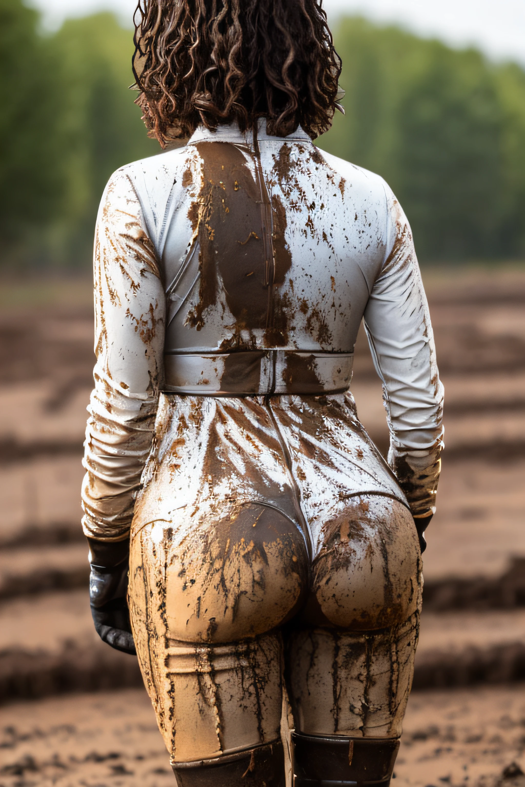 Hyperrealistic photo of two Short-black-haired woman, braces, muddy buttocks, the woman wears a White transparent rain jacket, die Regenjacke ist mit Schlammspritzern verschmutzt, stringslip, gothic, kurzhaarfrisur 80er Jahre Dauerwelle, Lucy Boynton, Cup size C, 80er Jahre Frisur, Suspenders next to the breasts, 30 Jahre alt, the free small breasts are smeared with mud, small boobs, Mud runs all Over her Body, choker, das Gesicht ist mit Schlammspritzern verschmutzt, kurze Haare sind hochtoupiert, Haare sind mit Schlamm verschmiertg, die beiden Frauen sind mit Schlamm verschmiert, high heels smeared with mud, die High heel Sandaletten schauen aus dem Schlamm, High quality, realistische Beleuchtung, Bildmitte, Sanduhrproportionen, 8K, HDR, BDSM, small boobs, lange Beine, professionelle Fotografie einer Frau, natural skin texture smeared with a lot of mud, 4K-Texturen, Adobe Lightroom, Fotolabor, HDR, kompliziert, elegant, sehr detailliert, scharfer Fokus, wahnsinnige Details, komplizierte Details, hyperdetailliert, Helles Kinolicht, Außenatmosphäre, Kinn hochgezogen, Mund halboffen,
