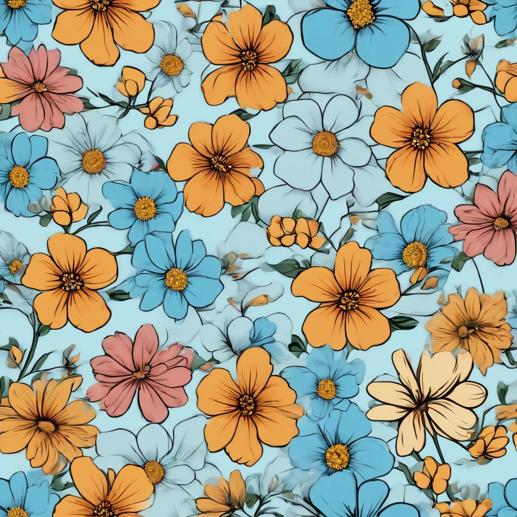 (best quality,4k,8k,highres,masterpiece:1.2),ultra-detailed,(realistic,photorealistic,photo-realistic:1.37),vector style,simple vector art with black outlines, colorful small flowers,spring flowers,retro style,light blue background,patterns,tile