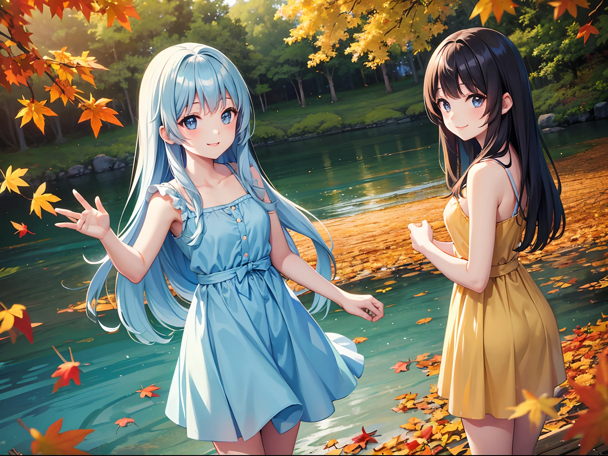 Lake of autumn leaves evening Beautiful girl standing by the lake with attractive smile Light blue long hair Twin-tailed Bright dresses A charming smile Face Highlights