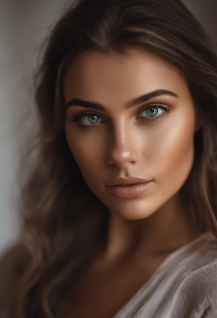 Arafed woman completely , hispanic fille sportive aux yeux bruns, ultra realist, Meticulously detailed, naturel, Reality, sublime, Portrait Sophie Mudd, cheveux bruns et grands yeux, Adolescent, jeune femme, yeux mielleux, Violet Myers, sans maquillage, maquillage naturel, looking straight at camera, Visage avec Artgram, Maquillage subtil, Great photo of the whole body kneeling on the bed, dans la chambre, visage