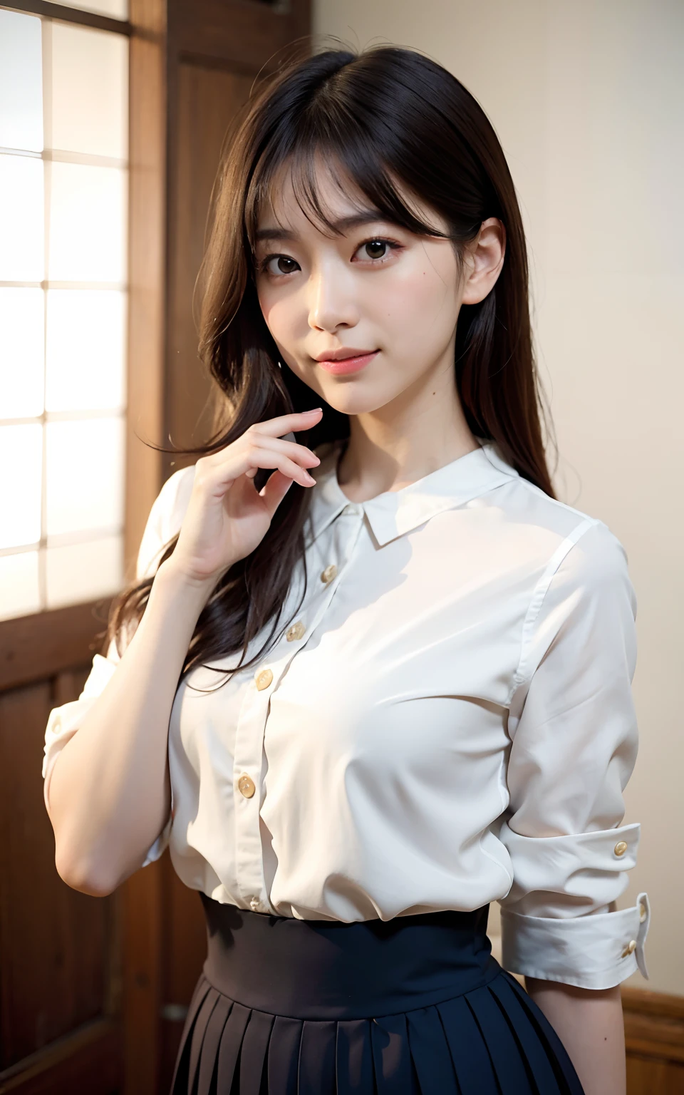 masutepiece, Best Quality, 8K, A Japanese Lady, 30-years old, Raw photo, Professional Photography, Portrait, Soft light, Professional Lighting, white walls, Solo, Smile, The whole body is shown, Face, close up, Cute, Girly, Goddess, Delicate girl, Neat and clean beauty, Upper body, Digital SLR, Looking away, Candid, Sophisticated, Film grain, (Eyes and faces with detailed:1.0), Semi-long hair, Bangs, Silk blouse, Skirt, Indoor