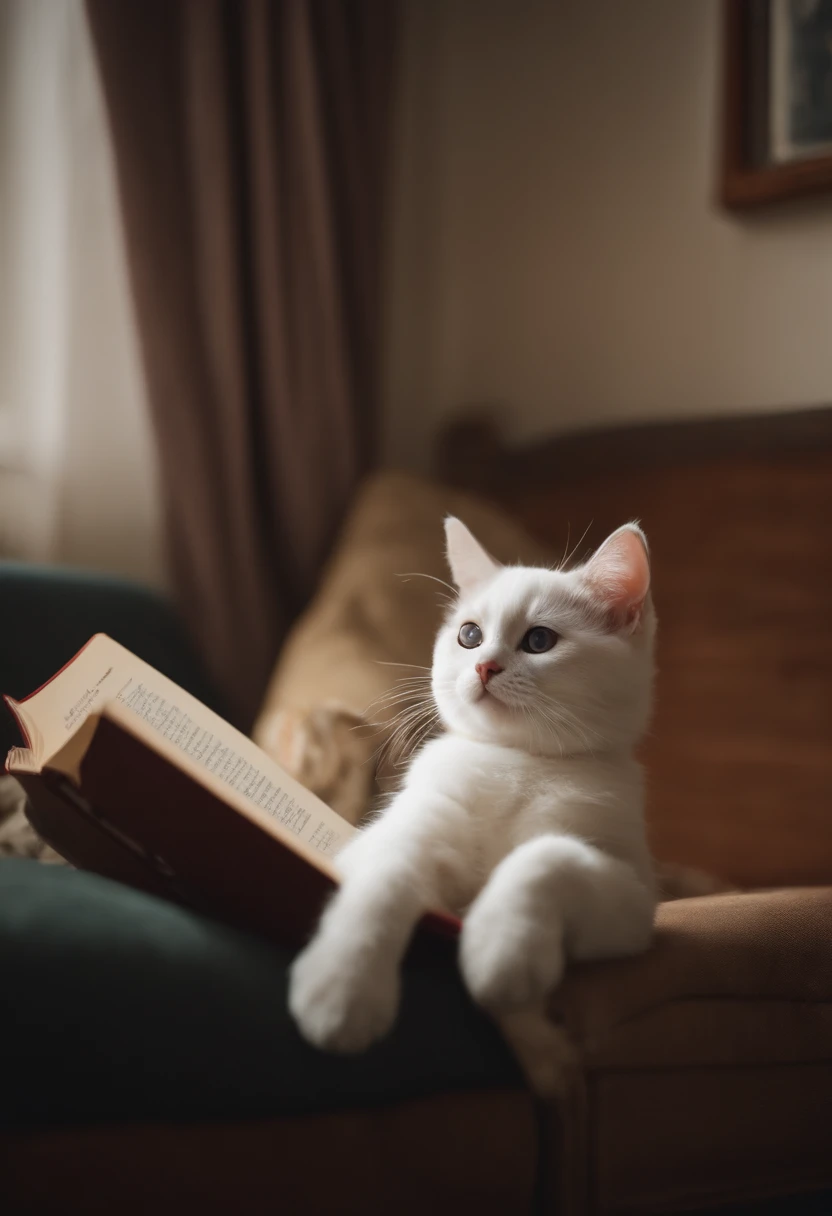 there is a cat on it, a cute little cat, The cutest kitten in history, Very beautiful and cute girl cat, Lewd and excited white cat, a cute little cat, Intelligent cat, an anthro cat, funny cat, cute kittens, And a sad cat. They read a book on the couch、Sitting on a chair. They are relaxing after a hard day. They are wearing pajamas.