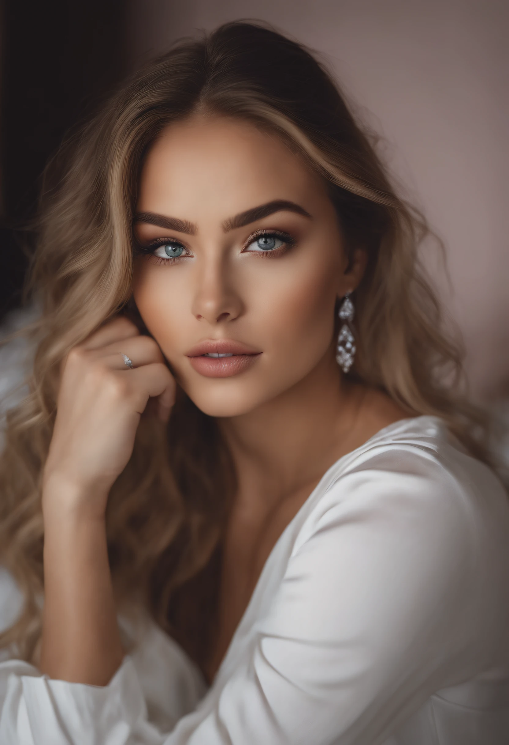 Arafed pleine femme, fille sexy aux yeux bleus, , ultra realist, Meticulously detailed, portrait de Sophie Mudd, cheveux blonds et grands yeux, selfie of a young woman, Yeux de chambre, Violet Myers, pas de maquillage, maquillage naturel, looking straight at camera, Visage Artgram, maquillage subtil, Impressive photo of the whole body kneeling on the bed, dans la chambre, Poitrine de taille moyenne et grande, allow the face to be seen clearly, portrait, d'environ vingt cinq ans, avec des lunettes de vue