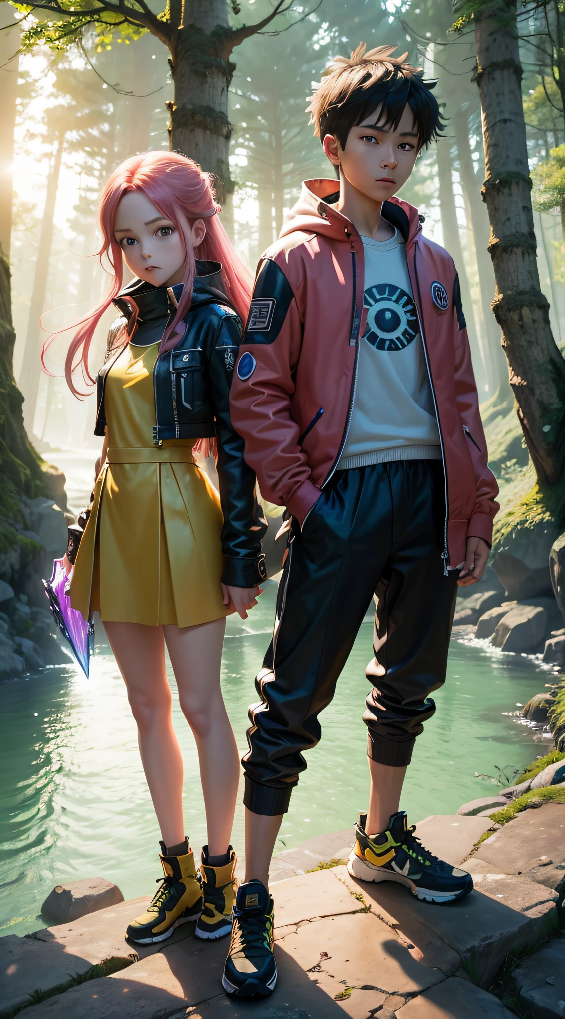 best quality,realistic:1.37,ultra-detailed,professional,sharp focus,highres,masterpiece:1.2,(HDR,UHD,studio lighting),vivid colors,portraits
couple of Digimon trainers, beautiful detailed eyes, colorful hair, intense expressions, in a vibrant digital world, a mix of nature and technology, exploring the depths of a virtual forest, surrounded by friendly Digimon companions, wearing matching futuristic outfits, capturing the essence of their Digimon partners' personalities, creating a strong bond, creating an atmosphere of adventure and excitement. The trainers are standing on a high cliff, overlooking a vast landscape, with floating islands, cascading waterfalls, and glowing crystals. The sunlight is casting a golden glow, highlighting the details of their faces and the intricate patterns on their clothing. The scene is brought to life with vivid colors, creating a realistic and captivating portrait of the Digimon trainers and their digital world.