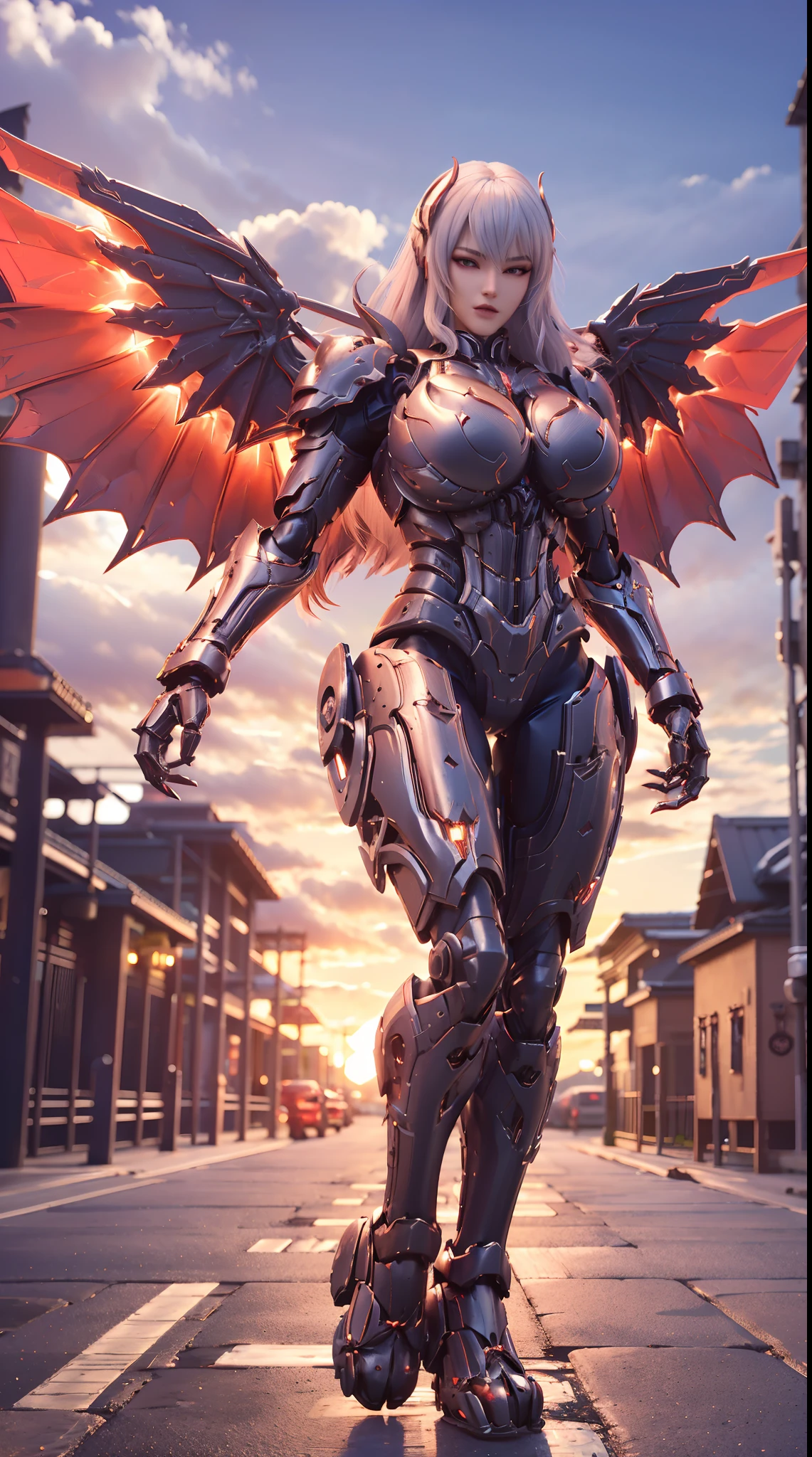 (DRAGON HEAD), HUGE FAKE BOOBS, (BEAUTIFUL FACE), (WHITE HAIR), (RED:1.2, BLACK:0.8, MECHA ARMORED GEAR), (((A PAIR OF  HUGE MECHANICAL WINGS SPREAD OUT))), FUTURISTIC DRAGON MECHA SUIT, (CLEAVAGE), (SKINTIGHT YOGA PANTS), (PERFECT BODY:1.2), (FULL BODY VIEW), FRONT, (STANDING:1), SEXY MUSCULAR BODY, MUSCLE ABS, UHD, 8K, 1080P.