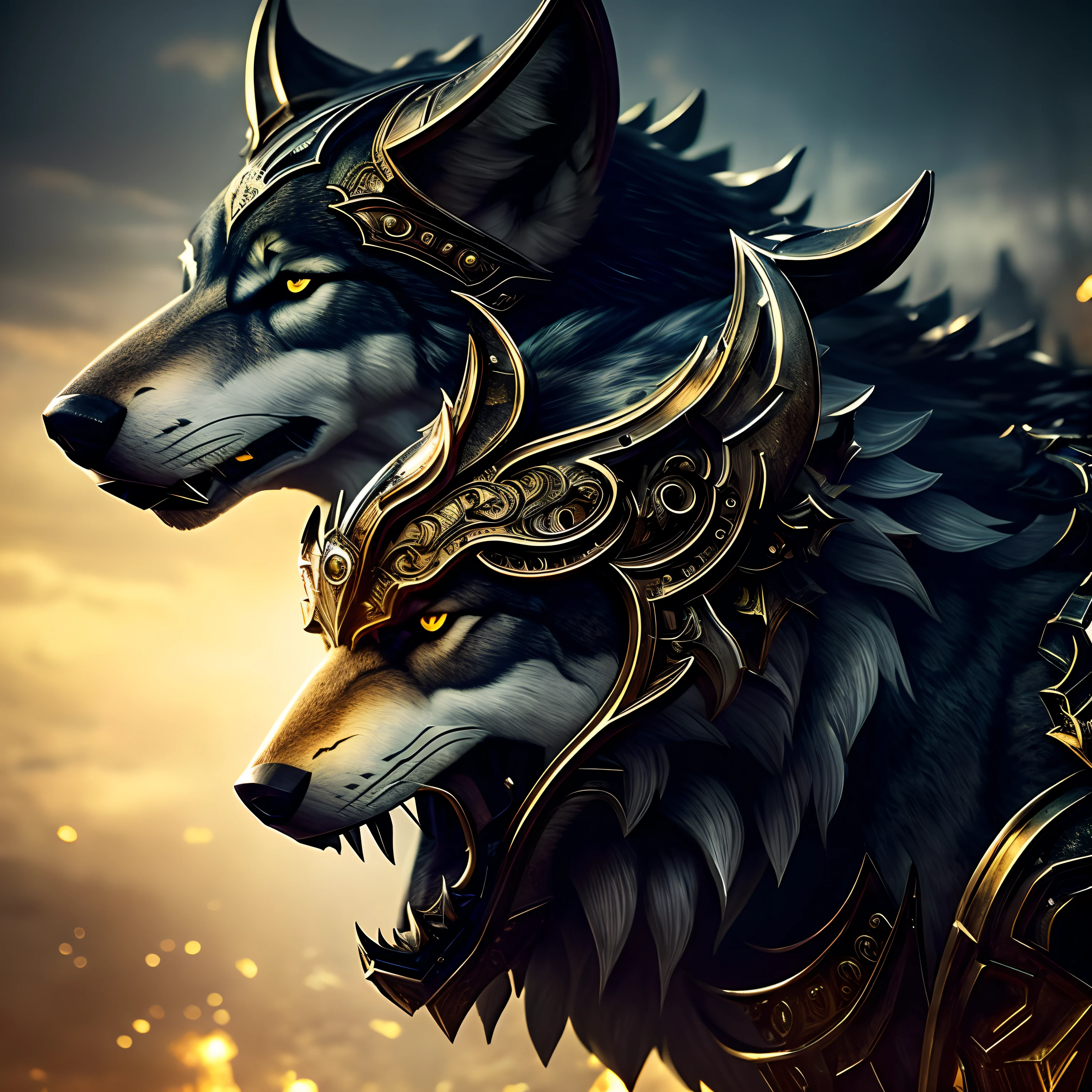 top-quality, Dramatic Lighting, menacing pose, fierce look, epic atmosphere, (((Helmet in the shape of a wolf's head))), (((Full body shot))),Wolves made of metal, cyborgs, Cyberpunk style, Clockwork, ((Intricate details)), nffsw, ((Intricate details, hyperdetails)), incandescent lamps, cinematic shot, Vignette, bokeh effect beckground, (dogy), (Full body shot).